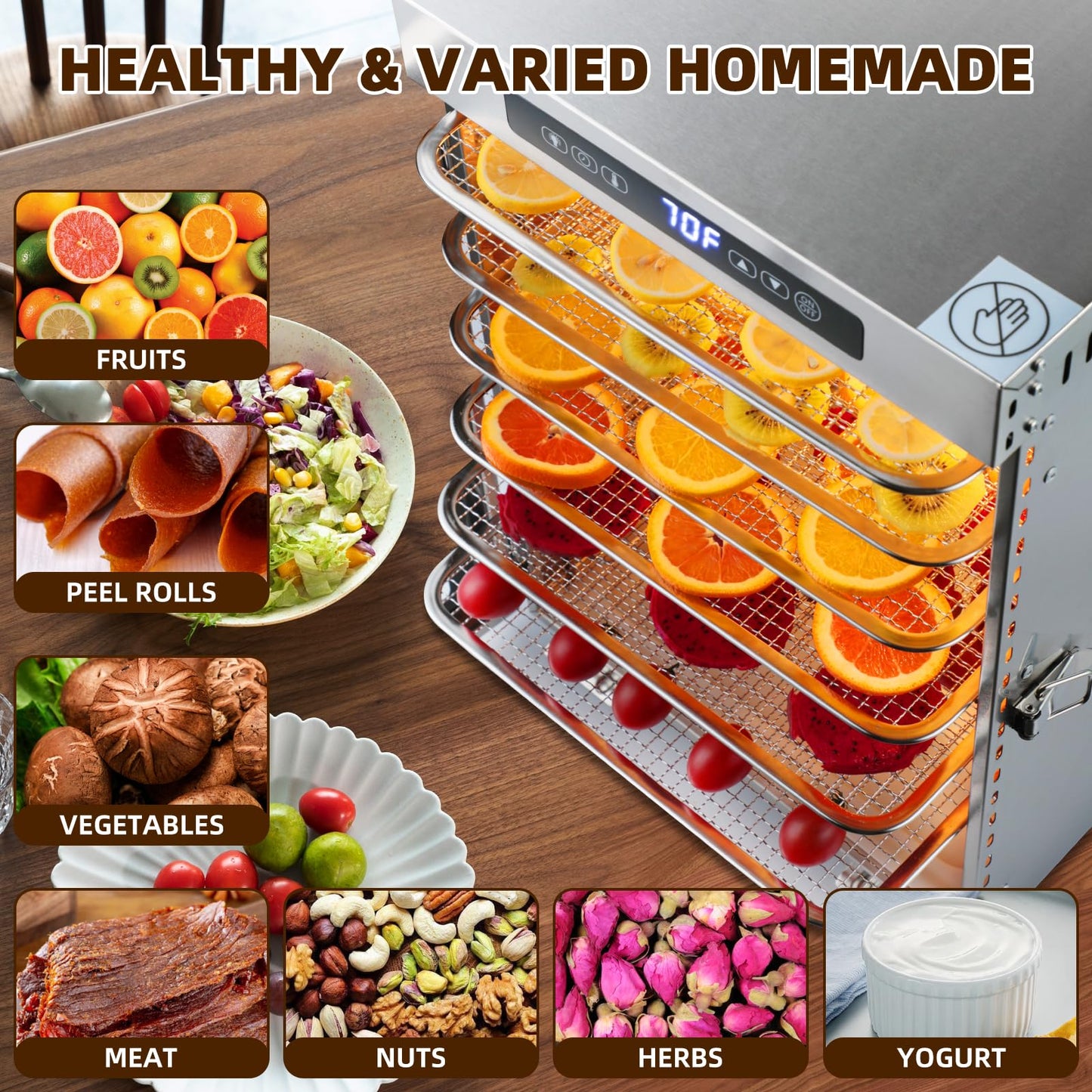Food-Dehydrator Machine 9 Stainless Steel Trays, 1000W Fruit Dehydrator,7.7ft² Meat Dryer for Jerky,190ºF Temperature Control,24H Timer Dryer Machine for Herbs,Beef
