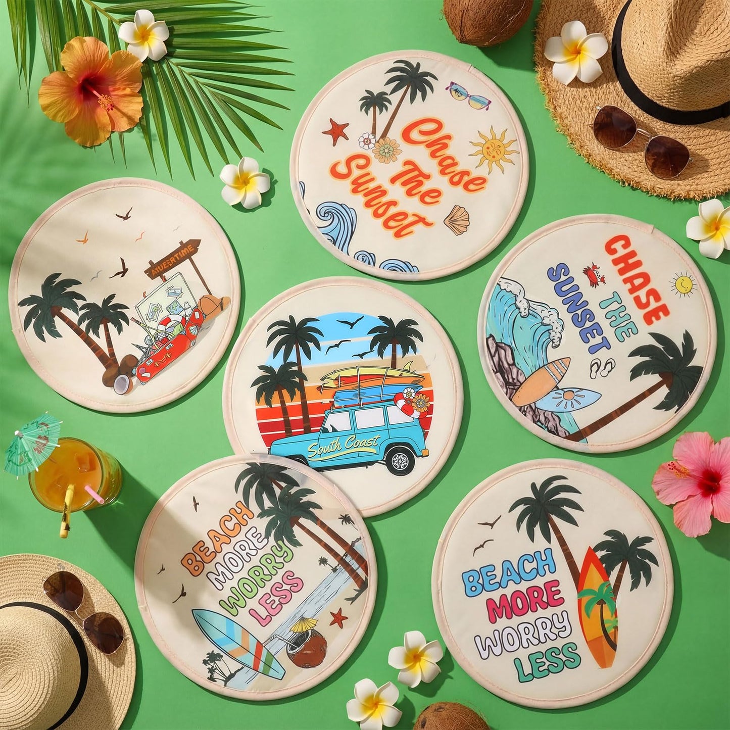 Gejoy 24 Pcs Beach Vacation Foldable Fan Style Summer Coconut Trees and Beaches Handheld Round Folding Flying Disc for Women Man Daily Use Festival Wedding Party Favors Decorations Portable, 8 Style