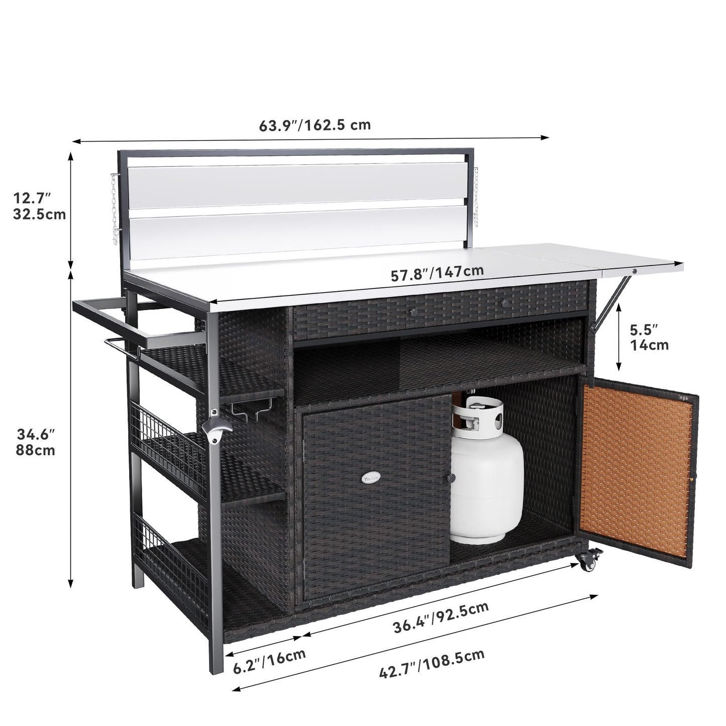 YITAHOME XL Outdoor Kitchen Island, Outdoor Bar Table & Storage Cabinet, Wheels and Stainless Steel Extended Table Top, Side Handle for Patio Kitchen or Bar Cart, Dark Brown