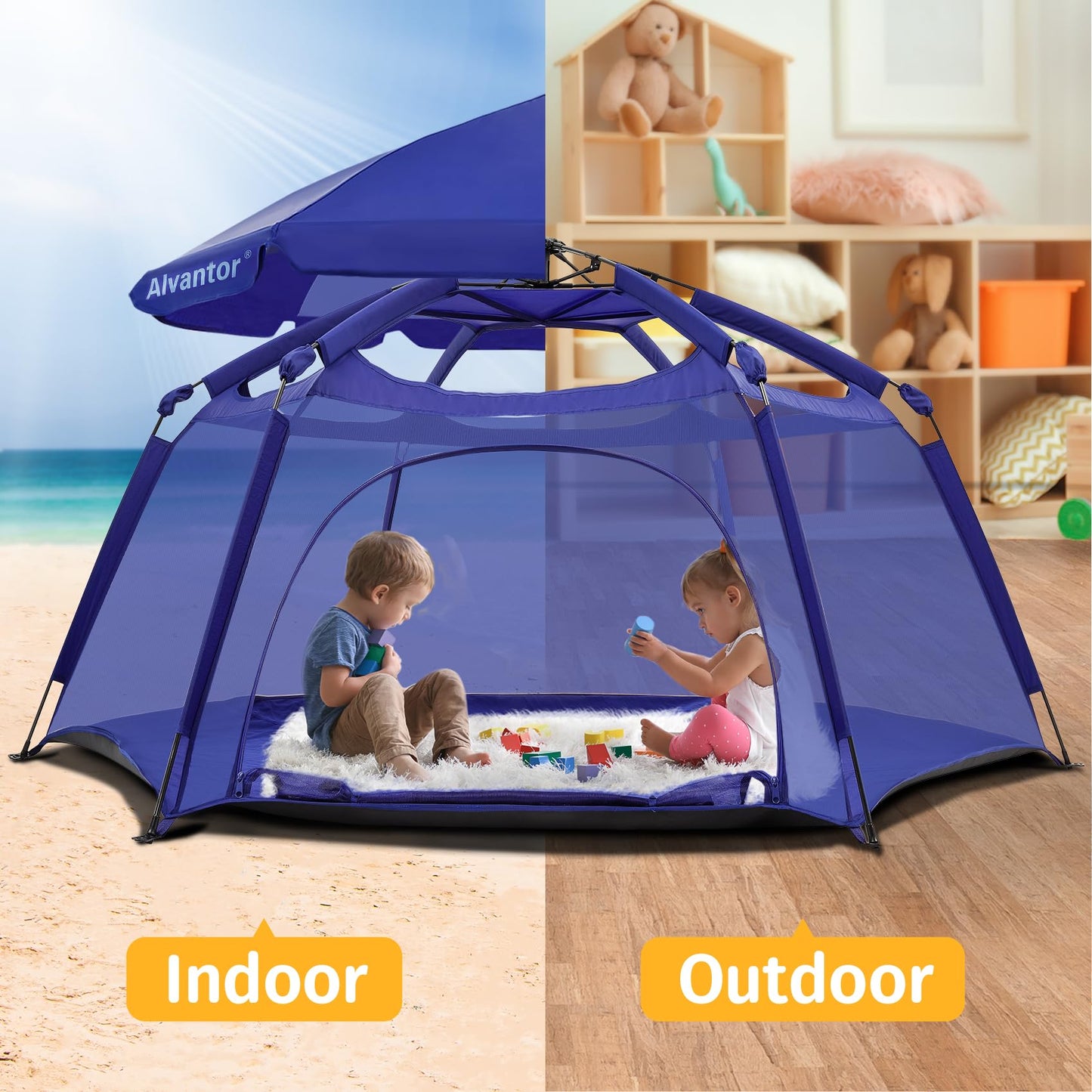 Alvantor® Baby Playpen Pop Up Play Yard 84"x84"x44”Large Mesh Kids Toddler Play Pen Indoor & Outdoor Safe Space Foldable Lightweight Mosquito Playpen Canopy for Infants Toddlers Pets, Navy