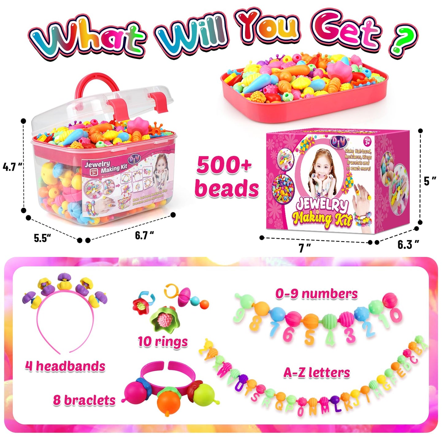FUNZBO 520+ Snap Pop Beads - Jewelry Making Kit, Arts and Crafts for Kids Ages 4-8, Toys for 3 4 5 6 Years Old Girls Birthday Gifts Ideas, Bracelet Necklace Ring Set for Little Girls