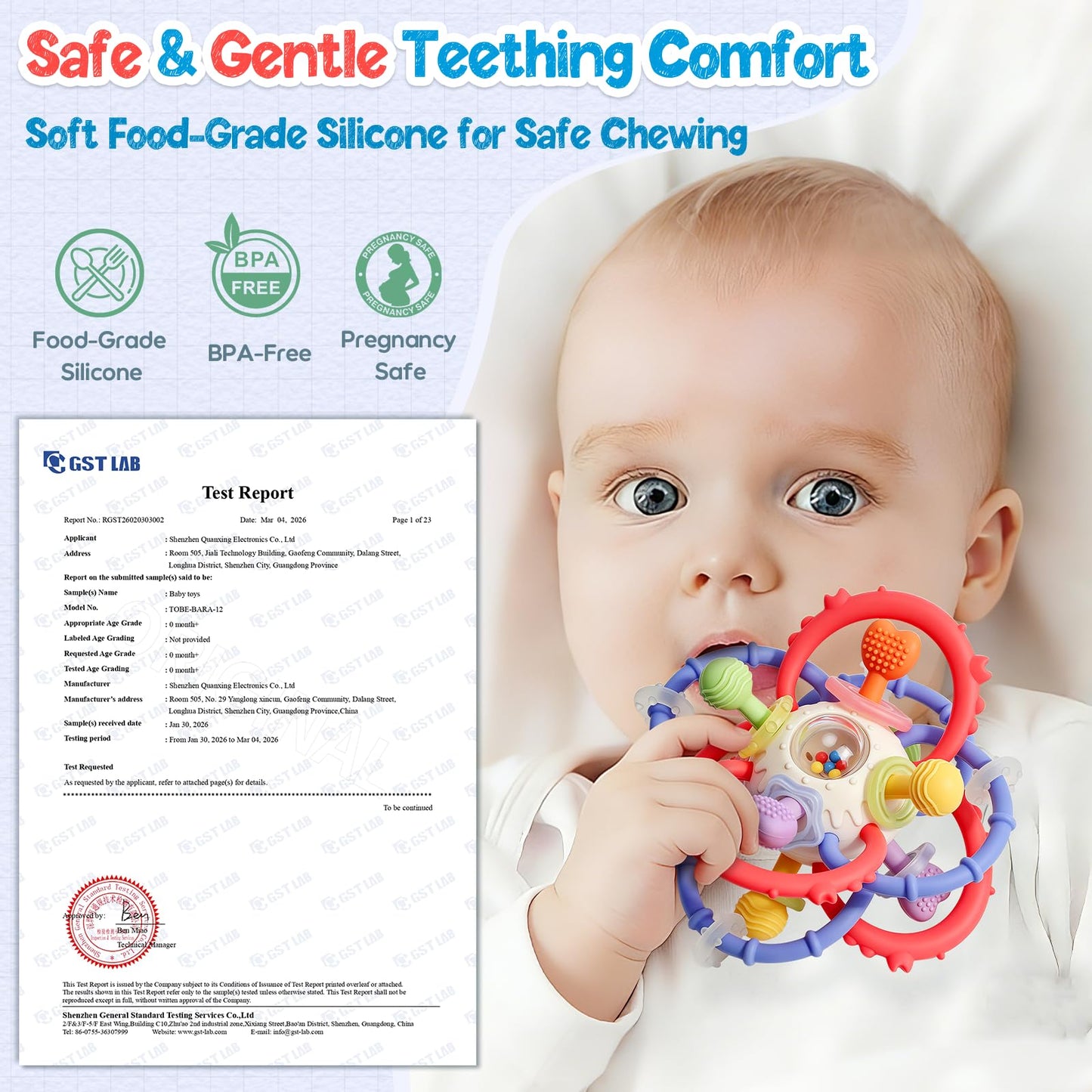 Baby Sensory Teething Toys 0-6 6-12 Months, Multi-Functional Baby Teether & Rattle Toy, BPA-Free Silicone Baby Chew Toy for Teething Relief, Ideal Newborn Infant Shower Gifts for Boys Girls