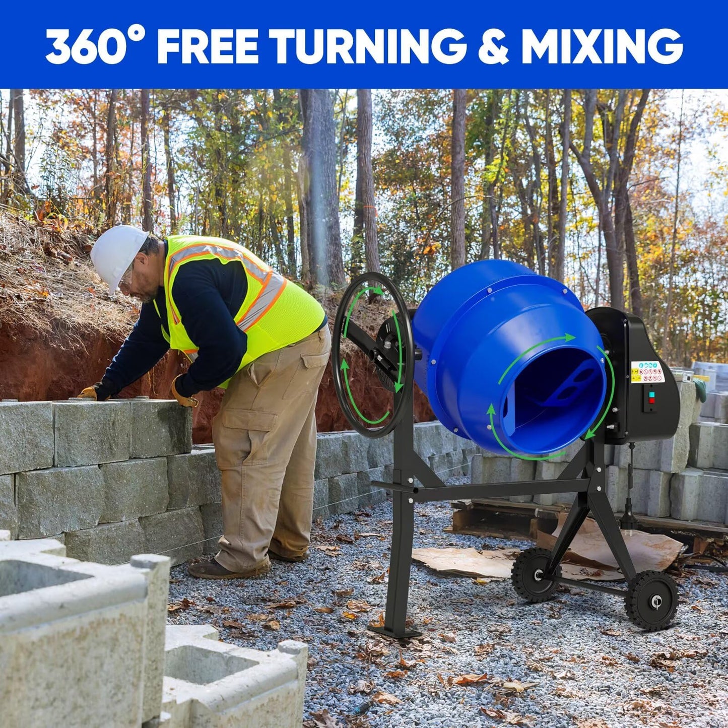 4.3 Cu.Ft Cement Mixer, 450W 3/5HP Electric Cement Mixer Machine, Heavy Duty Potable Concrete Mixer Machine with Wheel and Stand for Stucco, Mortar, Seeds, Blue