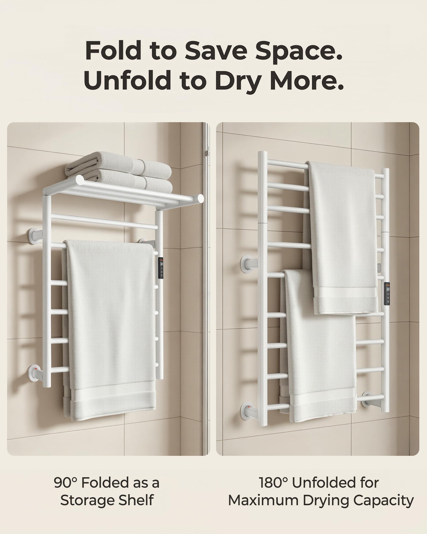 Caldayx Foldable Heated Towel Rack, Dual-Zone Electric Towel Warmer Rack with Timer, GFCI Plug-in or Hardwired, Wall-Mounted, Drill-Free Installation, Matte White, CA3-900X550-Standard-MW