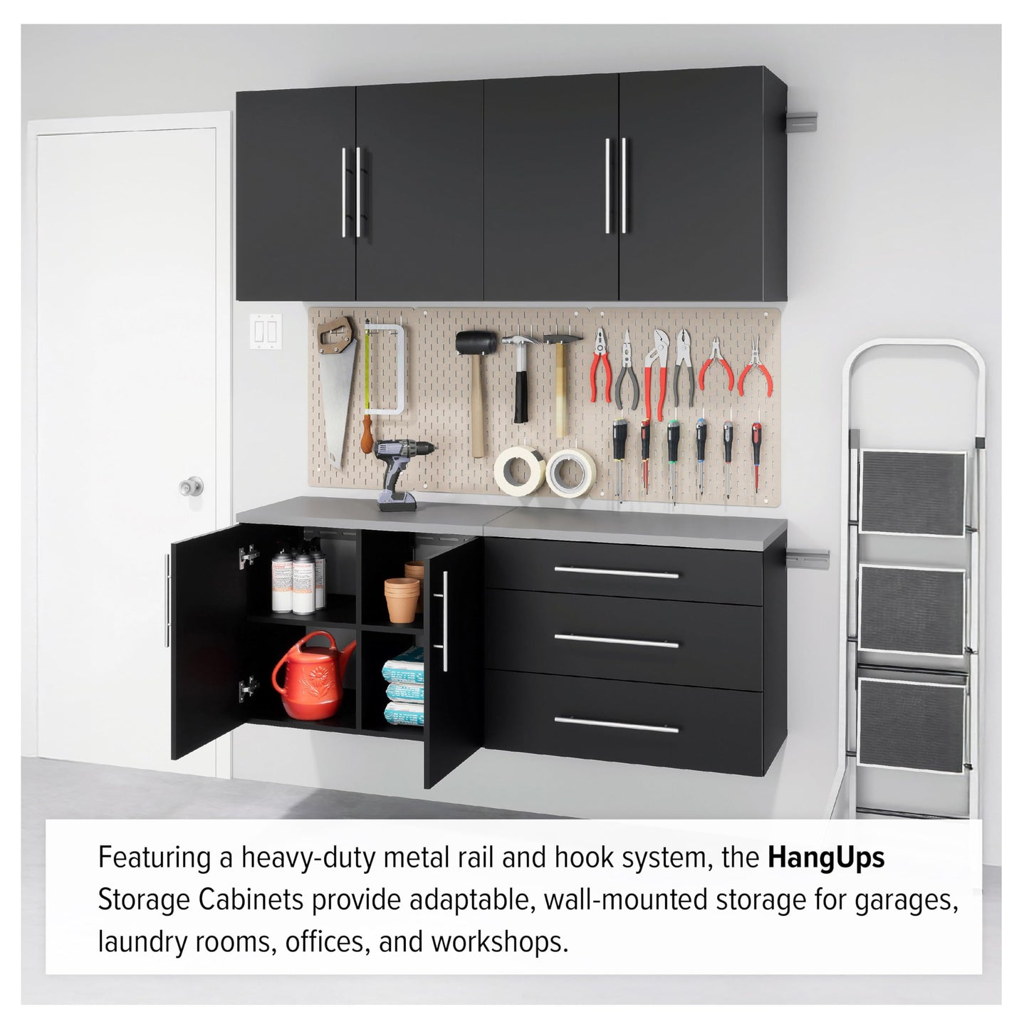 Prepac HangUps 30" Upper Garage Cabinet, Bathroom Cabinet Wall Mount, Ideal for Garage, Kitchen and Laundry Organization 30" W x 24" H x 16" D, Black