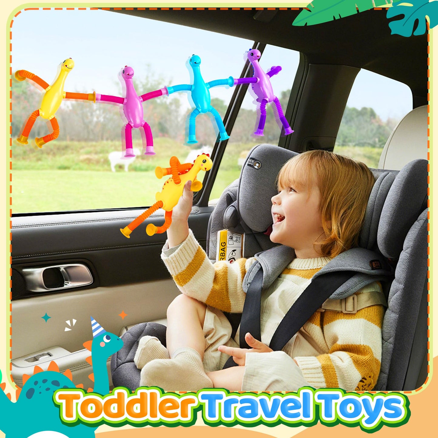 4Pcs Dinosaur Airplane Travel Toys Easter Basket Gifts for Toddlers Kids Boys Girls Sensory Suction Cup Tube ADHD Autism Road Trip Car Activities Essential Stocking Stuffer Valentines Day