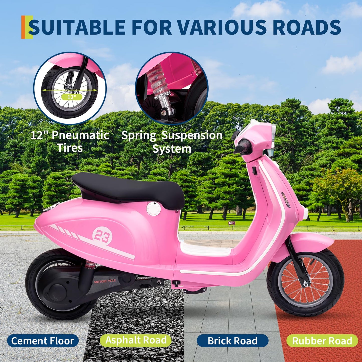 24V Moped Scooter for Kids - Electric Motorcycle for Kids - Electric Scooter with Seat for Children - Ride on Toy with LED Light for Girls