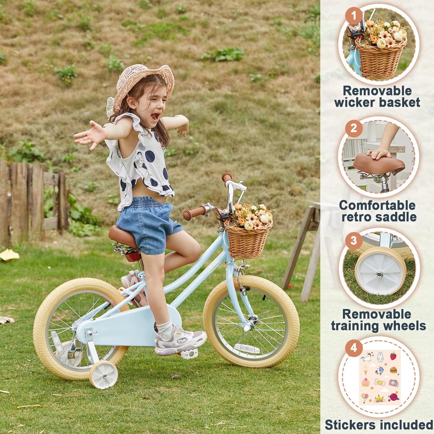 Petimini 18 Inch Little Kids Bike for Age 5 6 7 8 Years Old Girls Retro Vintage Style Bicycles with Basket Training Wheels and Bell, Blue