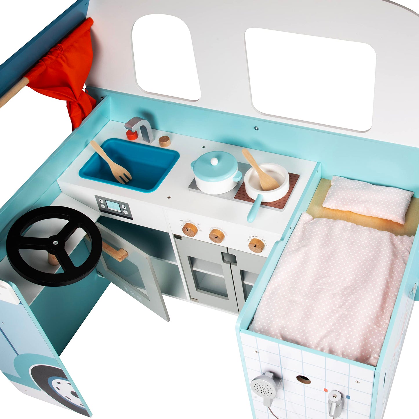 Wooden Play Camper Van Toy Playset w Steering Wheel, Kitchen, Stove, Oven, Bed, Pillow, Pretend Shower, Curtains, Personalization Stickers- Indoor Retro Car Camping, Travel RV Adventure- Ages 3+ Gift
