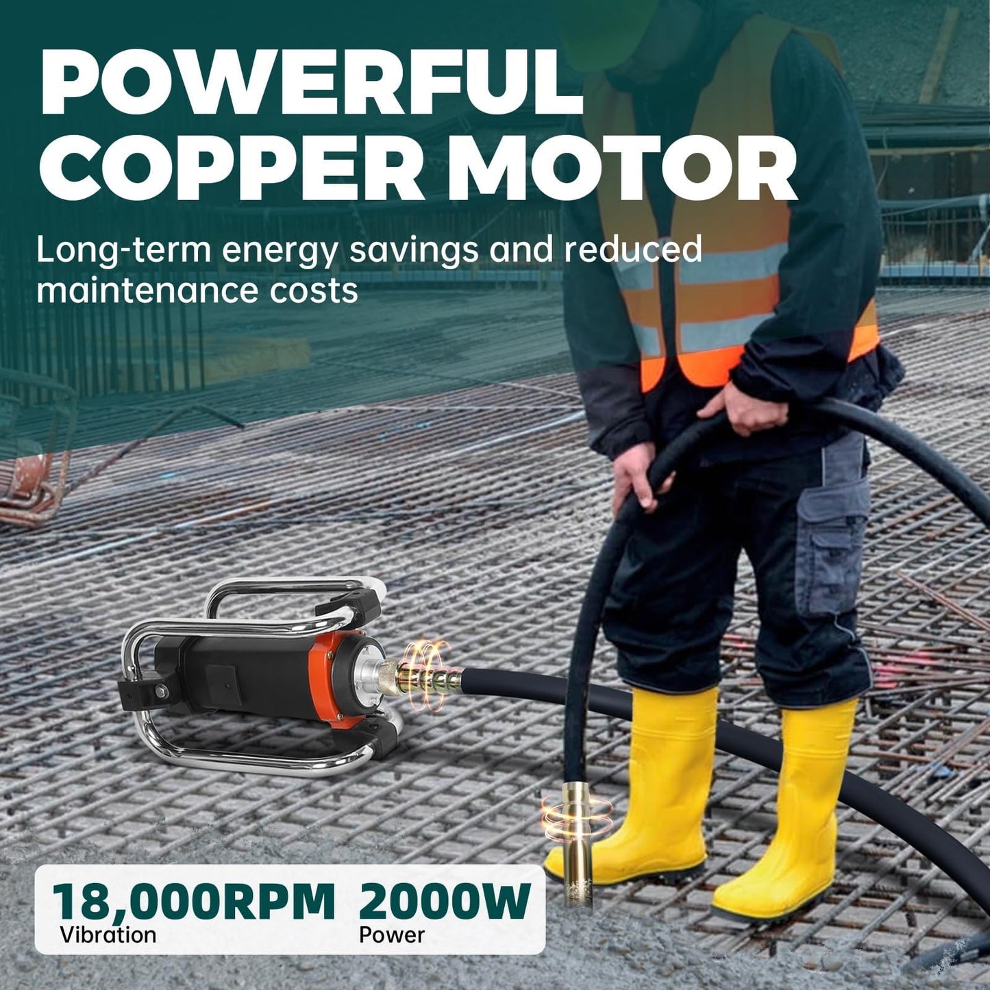 Vohala Concrete Vibrating Tool, 2.6HP 2000W 18,000 RPM Electric Concrete Vibrator Handheld, Portable Construction Insertion Vibrator with 14.75ft Shaft, Ideal for Removing Air Pockets & Smoothing