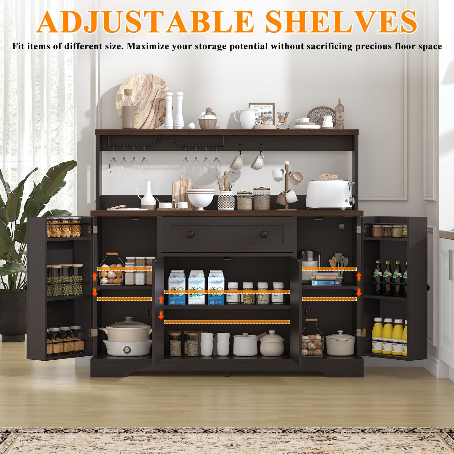 VVFLU Hutch Storage Buffet Cabinet with Drawers, and Charging Station, Coffee Bar Cabinet with Barn Doors, Wine Rack and Hooks, White Wood Sideboard Buffet for Kitchen, Dining Room, 47.8" High