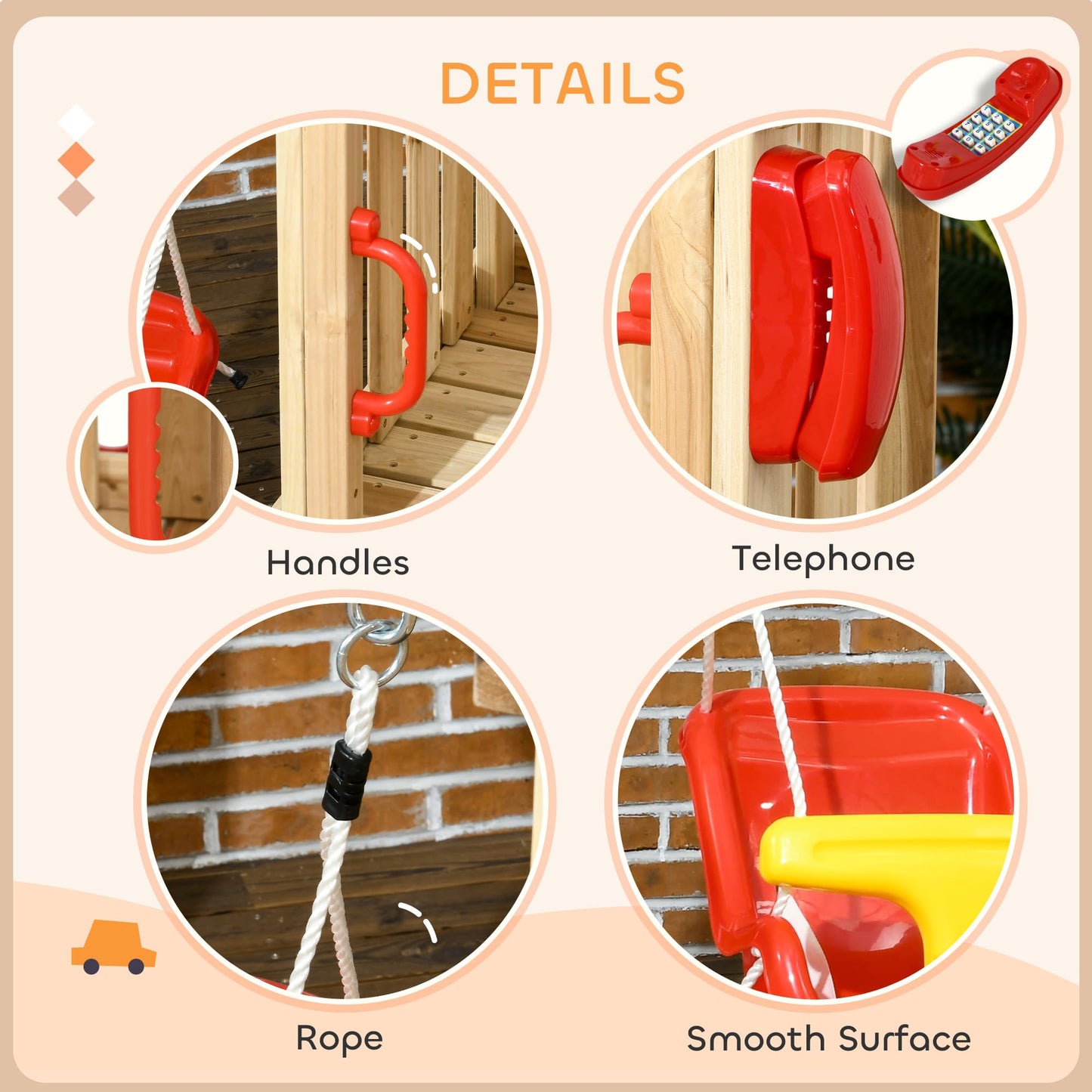 Outsunny Swing Set for Backyard, Wooden Toddler Outdoor Playset with Baby Swing Seat, Kids Slide, Fort, Playground Equipment with Captain's Wheel, Telescope for Ages 1.5-4, Red