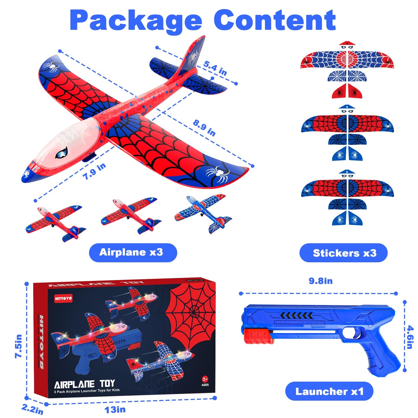 HitToys Airplane Launcher Toy & Spider Hover Soccer Ball Set for Kids | 3 Pack Spider Foam Gliders Air Planes, 3-in-1 Rechargeable Toddler Air Floating Football Toy Ball with Led for Boys Birthday