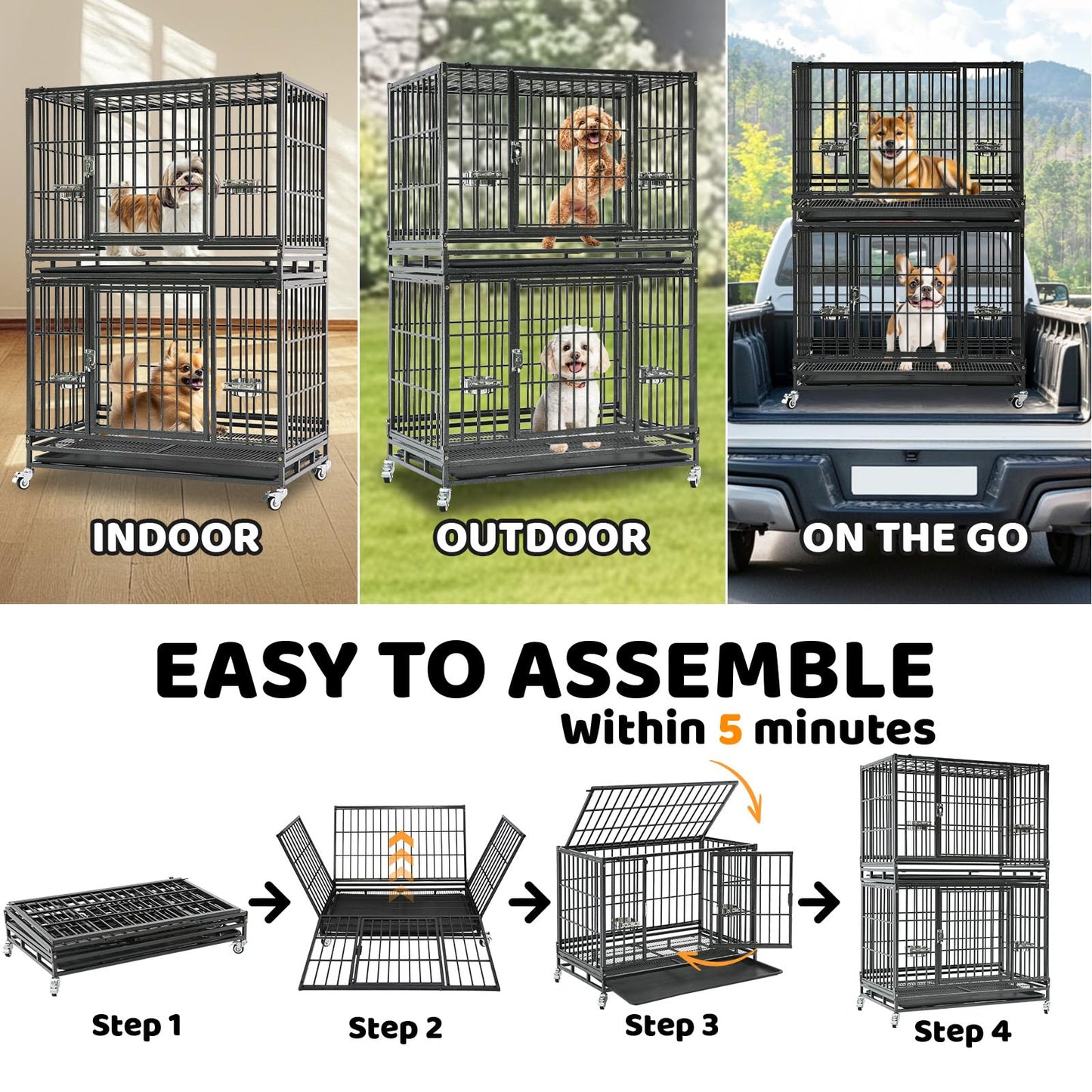 Homey Pet 37 Inch Stackable Heavy Duty Dog Crate Cage Kennel with Feeding Bowls, Lockable Wheels and Removable Tray, Escape Proof Wire Drop Dog Crates for Medium Dogs (Two Tiers)
