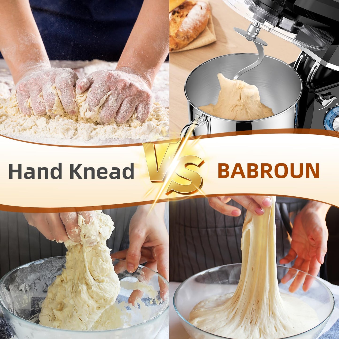 Babroun Dough Mixer 8.45 QT Electric Mixer - 660W 6 Speed Large Capacity Kitchen Stand Mixer with Whisk Dough Hook Mixing Beater Household Food Mixer for Baking Cakes Cookie Bread Salad