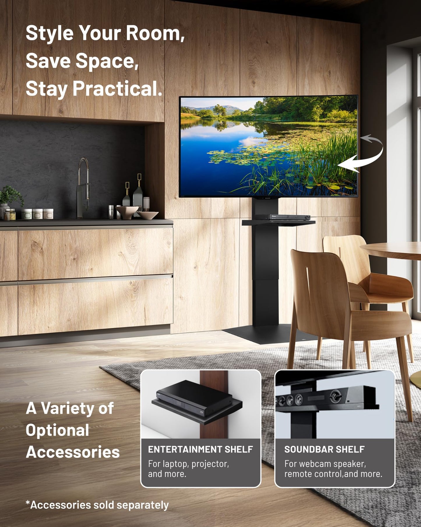 WALL V3SW High Type, Sleek Ultra-Thin Tall TV Stand for 32–80" TVs, Satin White, Swivel Function, Free Standing, Space-Saving Design, for Living Room and Bedroom, No Drill Setup, Japan-Engineered