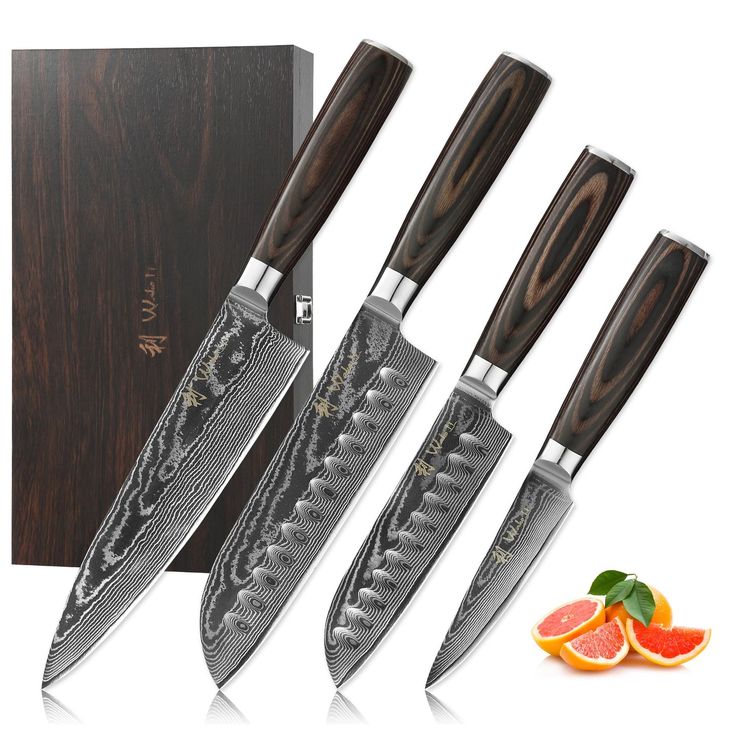 Wakoli EDIB Essentials 4-Piece Damascus Knife Set – Professional Kitchen Knives with VG10 Core, 67-Layer Damascus Steel Blades – Santoku, Chef, Small Santoku & Paring Knife with Pakkawood Handles