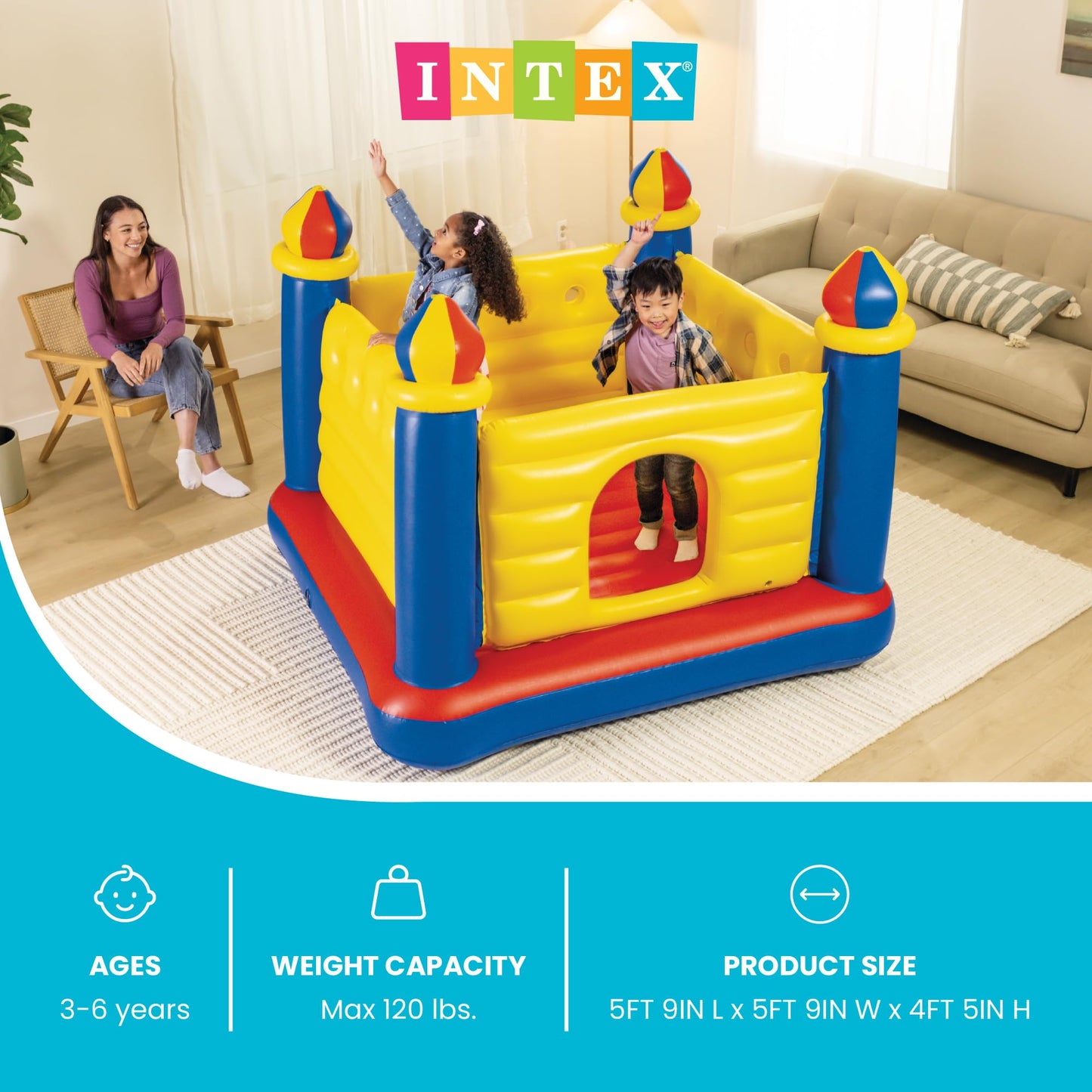 Intex Inflatable Colorful Jump-O-Lene Castle Bounce House, for 2 Kids Ages 3-6 - Large Blow-Up Indoor Outdoor Children's Bouncer Jumper Playhouse