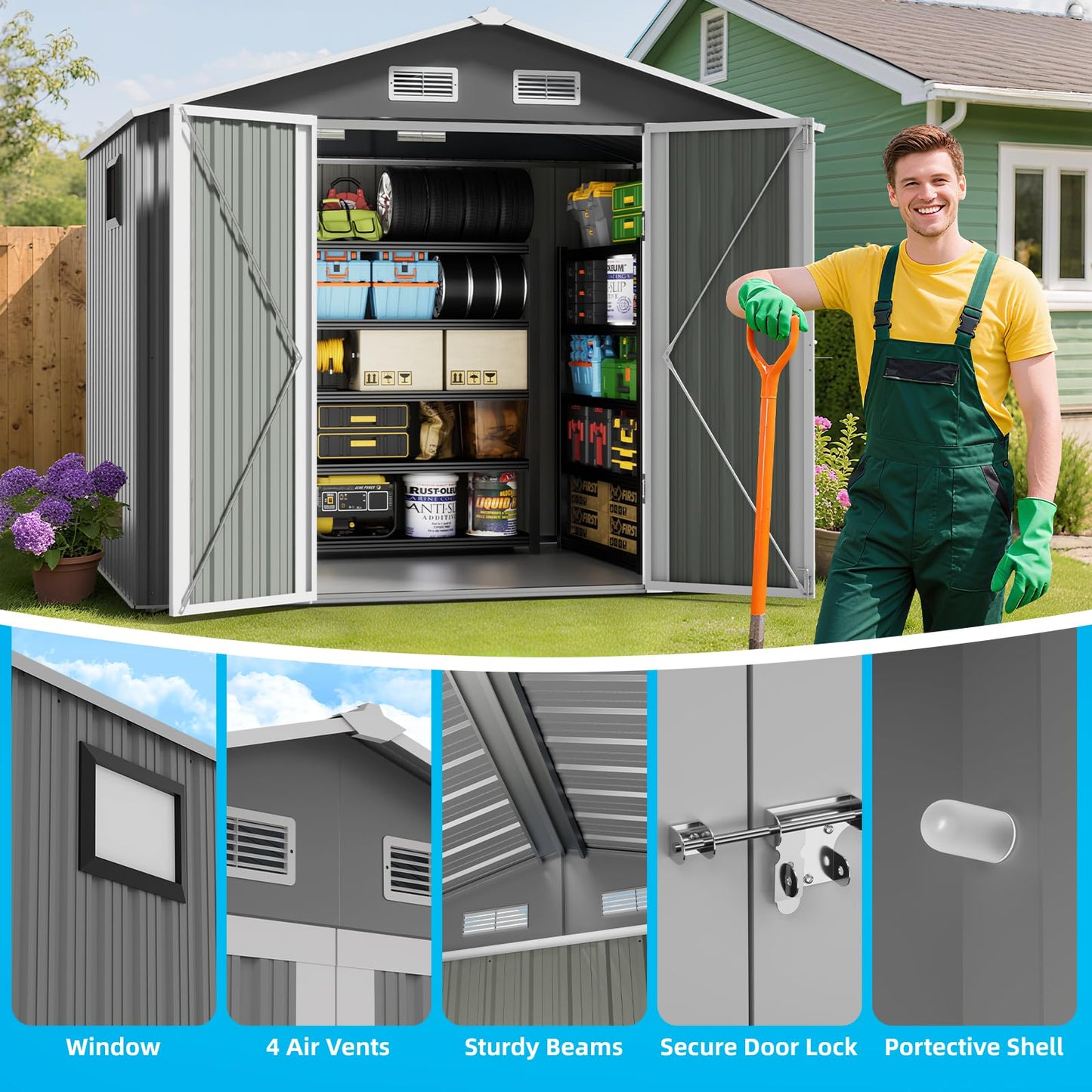 TABU 8x6 FT Outdoor Storage Shed with Window&Lockable Doors, Utility Waterproof Tool Shed with Air Vents for Backyard, Patio and Garden, Grey