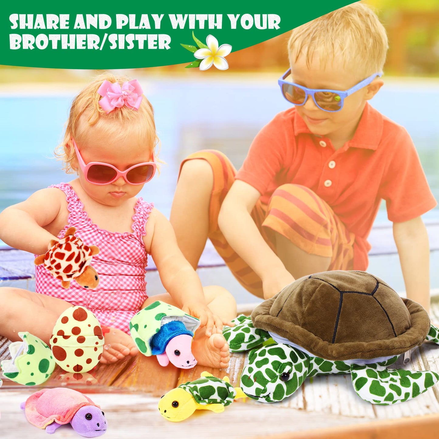 Aoriher 6 Pieces Sea Turtle Stuffed Animal with Babies 12" Mommy Stuffed Sea Turtle with 3 Little Plush 2 Plush Eggs Soft Pillow Tortoise Hugging Gifts for Kids Birthday Baby Shower Party(Modern)