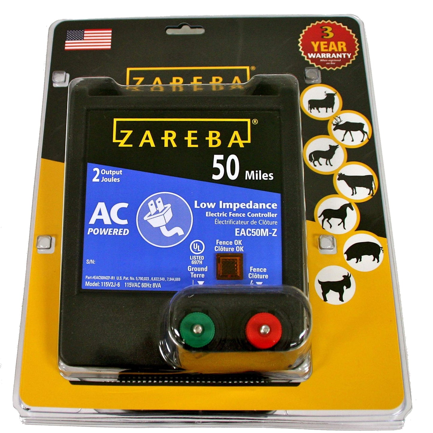 Zareba 50 Mile AC-Powered Low Impendence Electric Fence Charger - Contain Pigs, Goats, Horses, Cattle, and More - Keep Out Predators - For Heavy Weed Conditions - EAC50M-Z