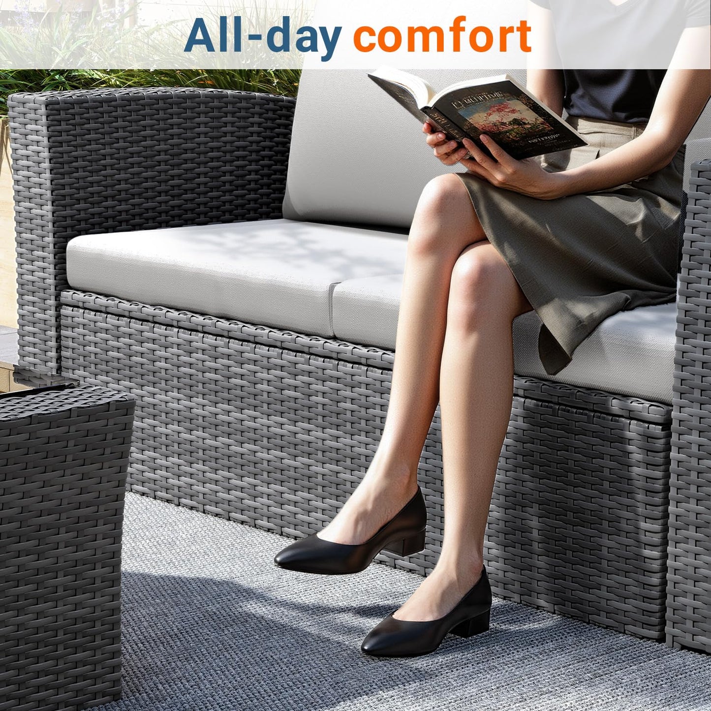 Wisteria Lane 4 Piece Patio Furniture Set, Wicker Outdoor Patio Conversation Furniture Set, All Weather Outdoor Patio Sofa with Cushion and Glass Table, Ash Gray