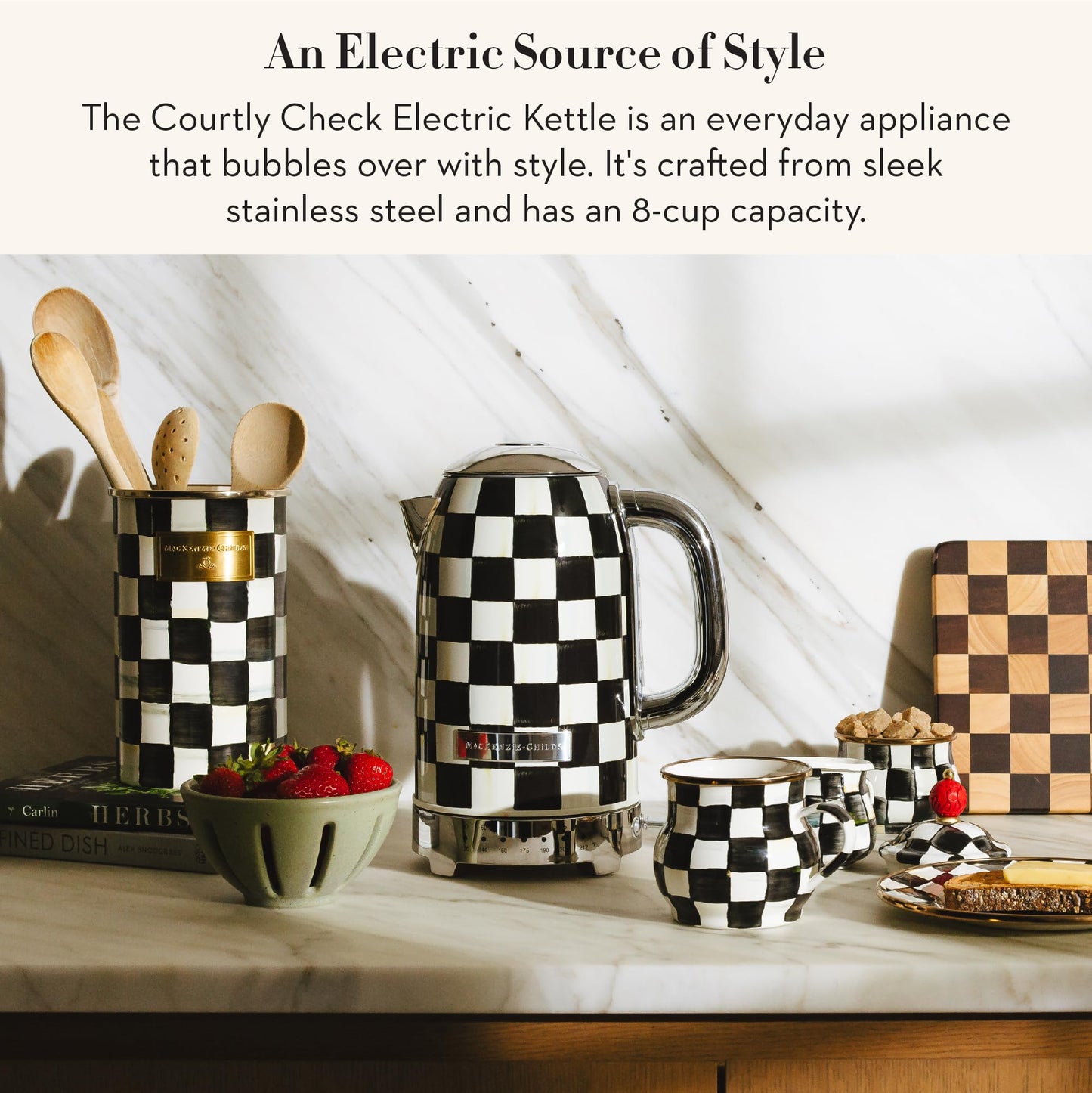 MACKENZIE-CHILDS Electric Kettle, Stainless-Steel Tea Kettle, Black-and-White Courtly Check