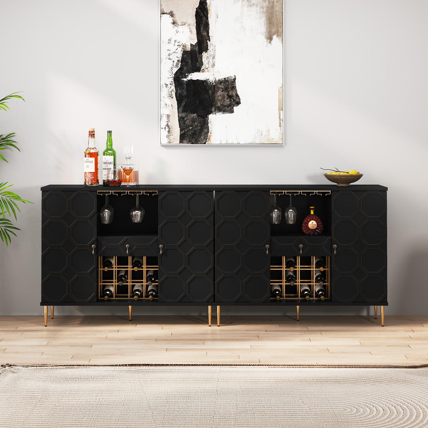 MROJISC Modern Bar Cabinet with Drawer, Liquor Cabinet with Wine Glass Racks and Shelves, Geometric Door Buffet Sideboard for Dining Room, Living Room, Kitchen, Black
