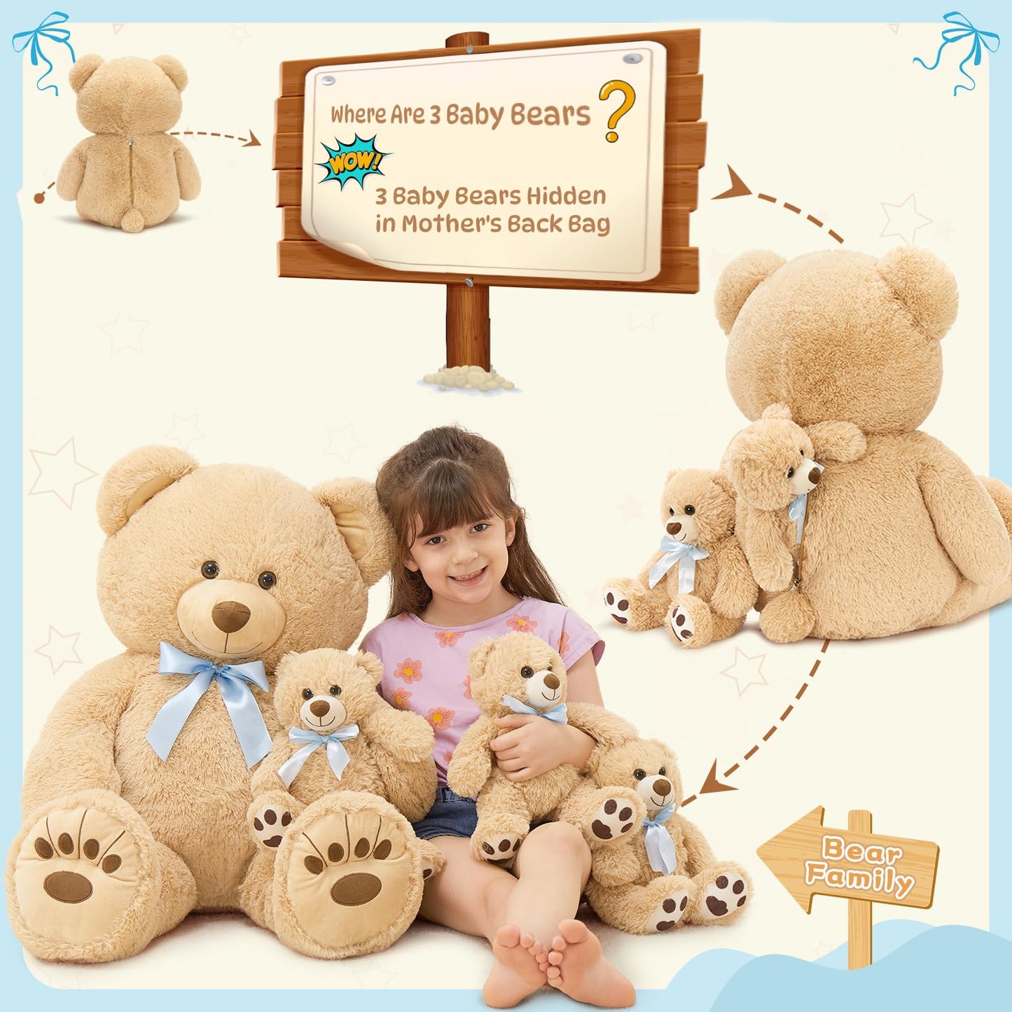 MorisMos Giant Teddy Bear Stuffed Animal with Baby Bears,35.4'' Big Mommy Stuffed Bear,3 Small Bulk Teddy Bear Stuffed Animals for Baby Shower Birthday, 4-Pack Brown Bear Toys for Kids Mom Girlfriends