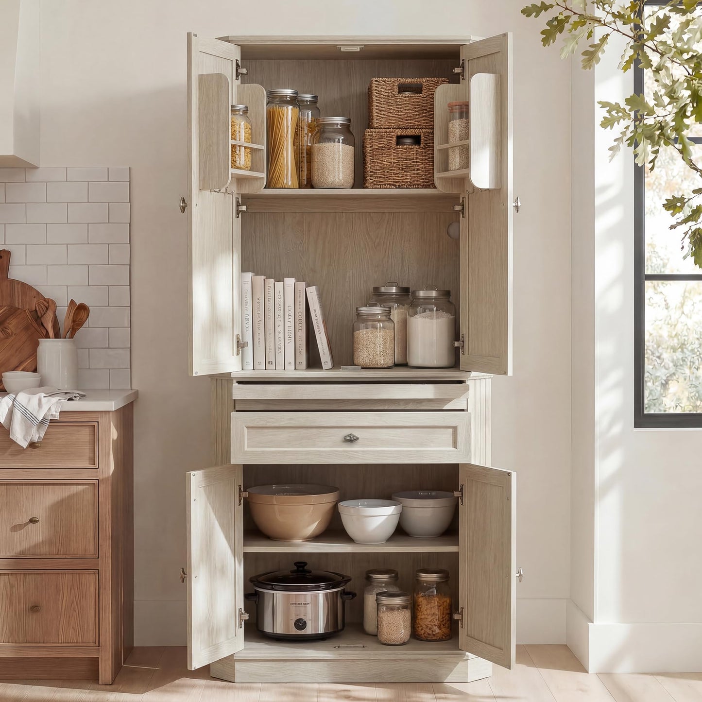 AMBERHAUS 72.2" Tall Kitchen Pantry Storage Cabinet with Doors, Farmhouse Storage Cabinet with Drawers, Adjustable Shelves and Pull-Out Shelves, White Wood Pantry Cupboard for Kitchen, Dining Room