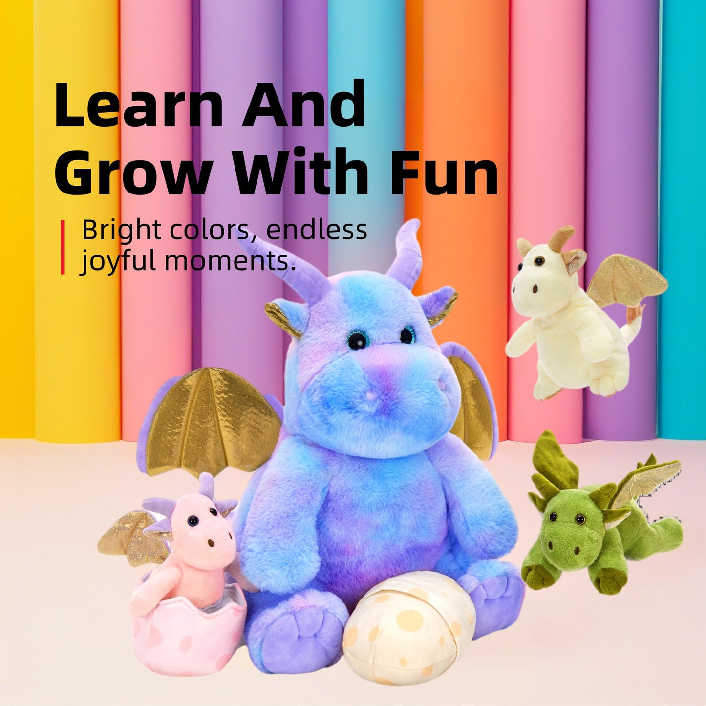 Tezituor Purple Stuffed Dinosaur for Girls,Cute Dragon Stuffed Animal,6 Pcs Mommy Dino Plush Toy with 3 Baby Dinosaurs,Large Pterosaur Stuffy,Triceratops, Stegosaurus Plushies Birthday