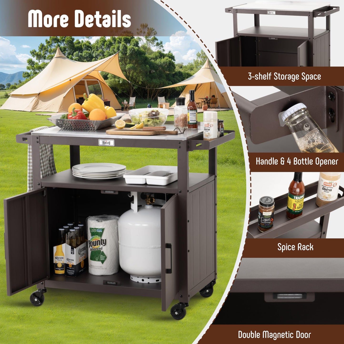 Outdoor Grill Cart with Stainless Steel Tabletop and Storage Cabinet, Movable Kitchen Island with Wheels for BBQ Food Prep, Brown