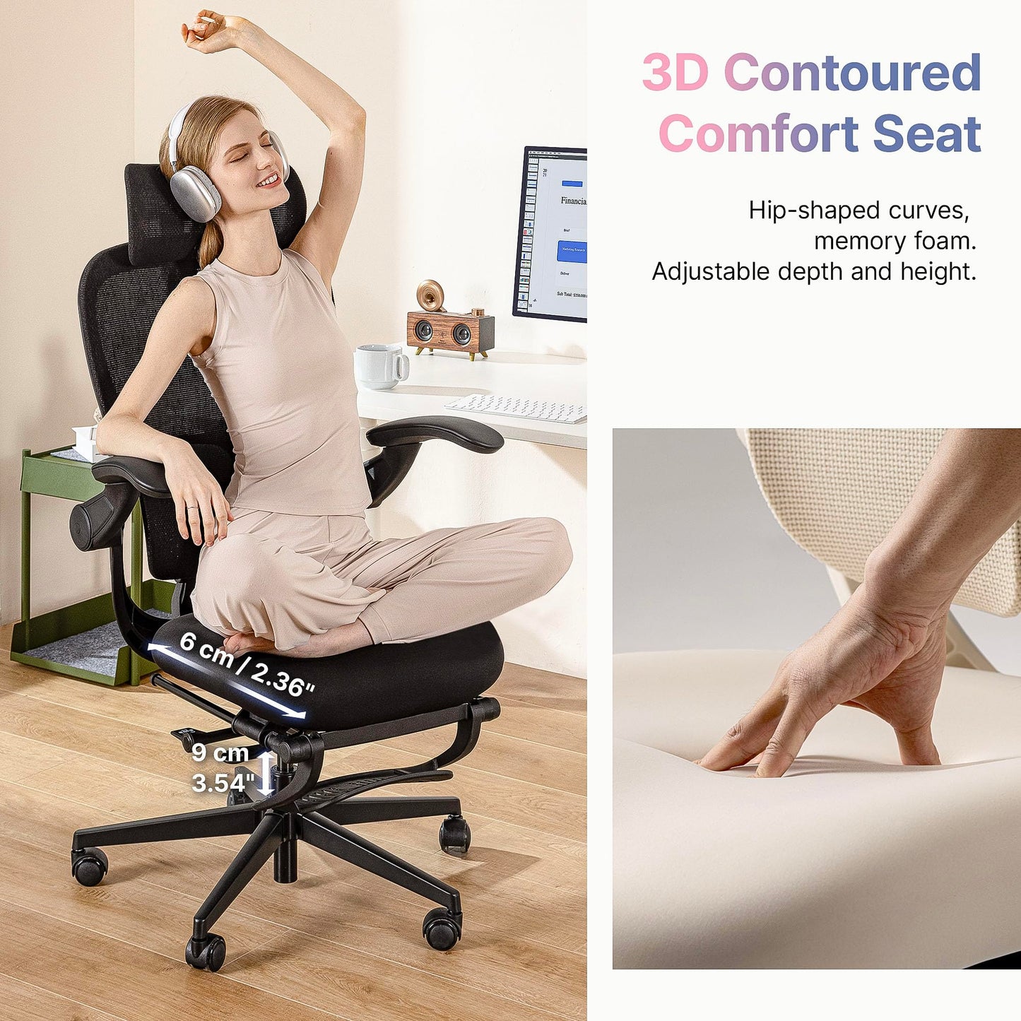HINOMI Q2 Ergonomic Office Chair with Lumbar Support & Adjustable Headrest, Cushion Seat with Flip-Up Arms, Reclining Computer Seating with Footrest, Stylish Desk Model for Home (Gray)