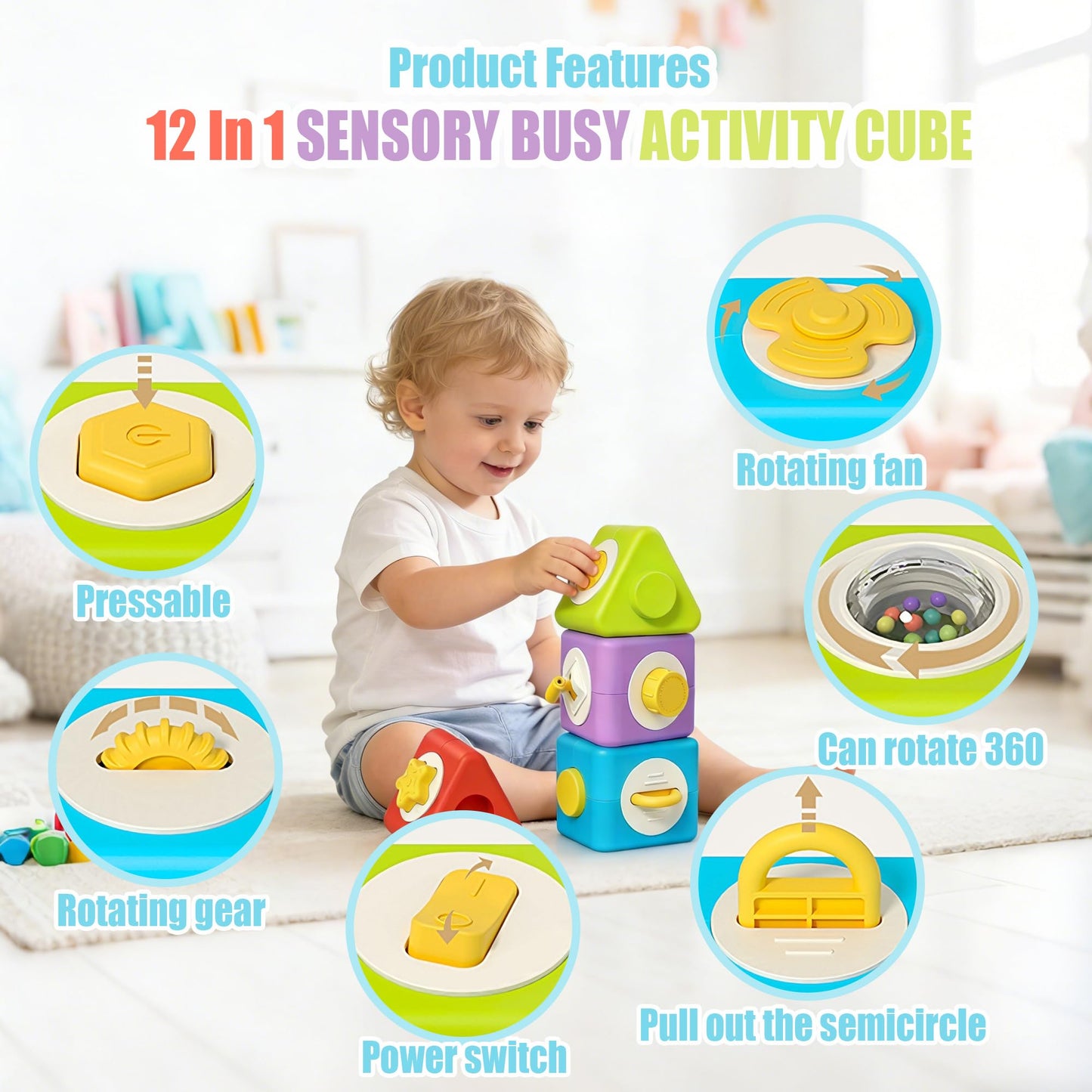 HUNKING Activity Cubes & Stacking Toy Blocks Set of 4,12-in-1 Montessori Toys for 1-2 Years Old,Educational Activities Sensory Travel Toys for Airplane & Car, Perfect Birthday for Toddlers