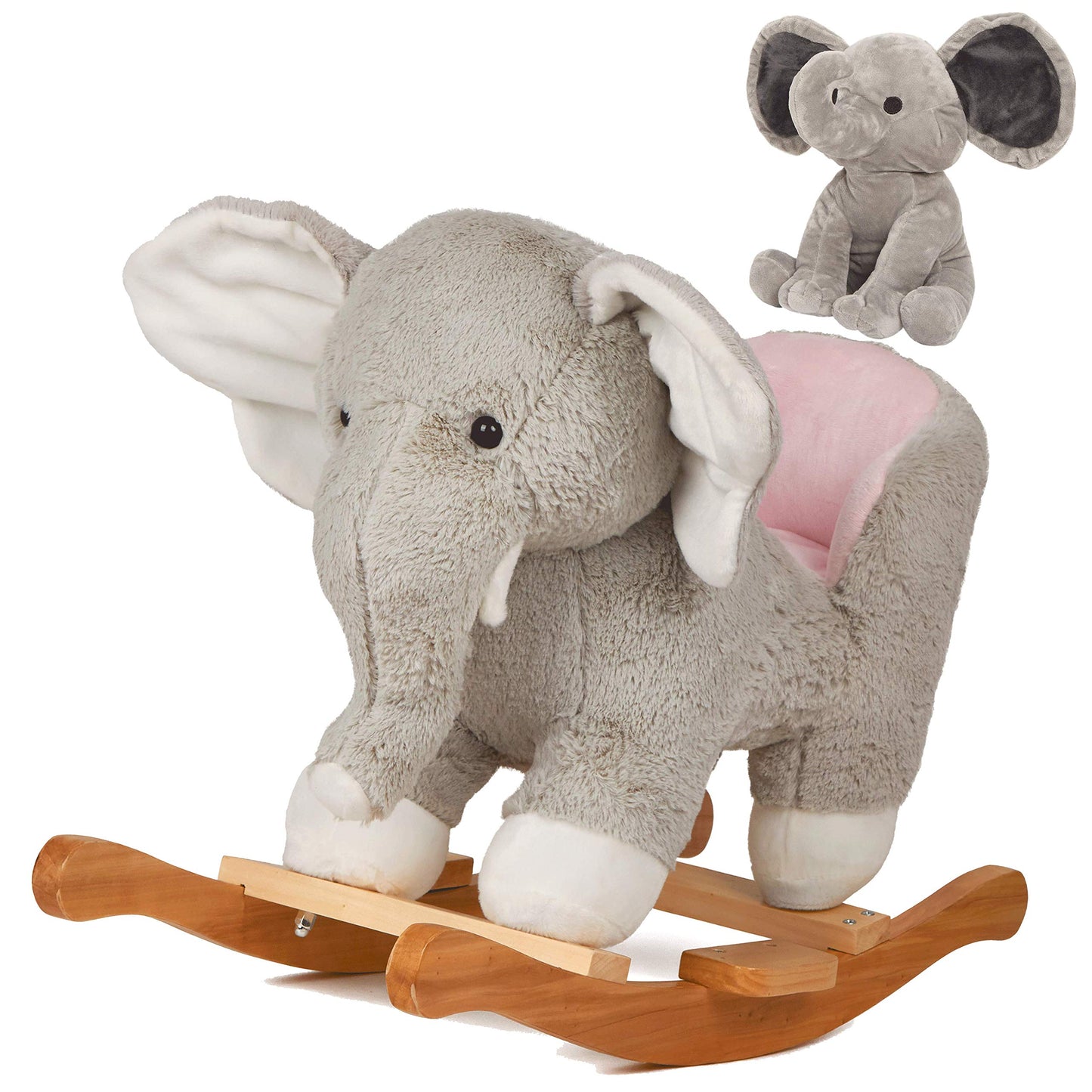Elephant Baby Rocking Horse Wooden Rockers with Base Seat Safety Belt and 1 Pcs Elephant Plush Stuffed Animals Toy for Toddlers 1-3