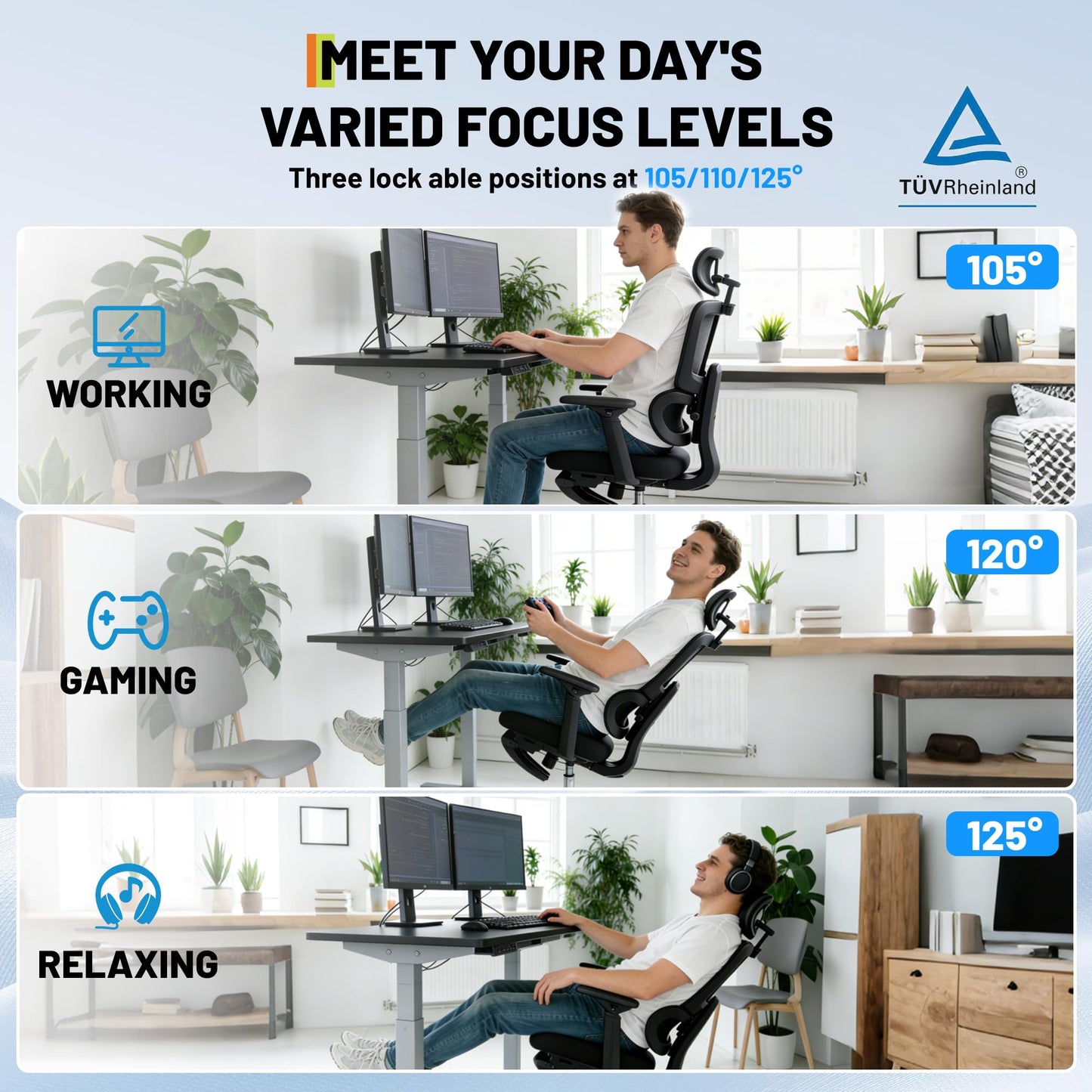 Ergonomic Mesh Office Chair, Adjustable Lumbar High Back Desk Chair 300lbs, 4D Flip-Up Arms, 3-Level Tilt Backrest, 3D Headrest, PU Wheels, Swivel Rolling Computer Seating for Long Desk Work