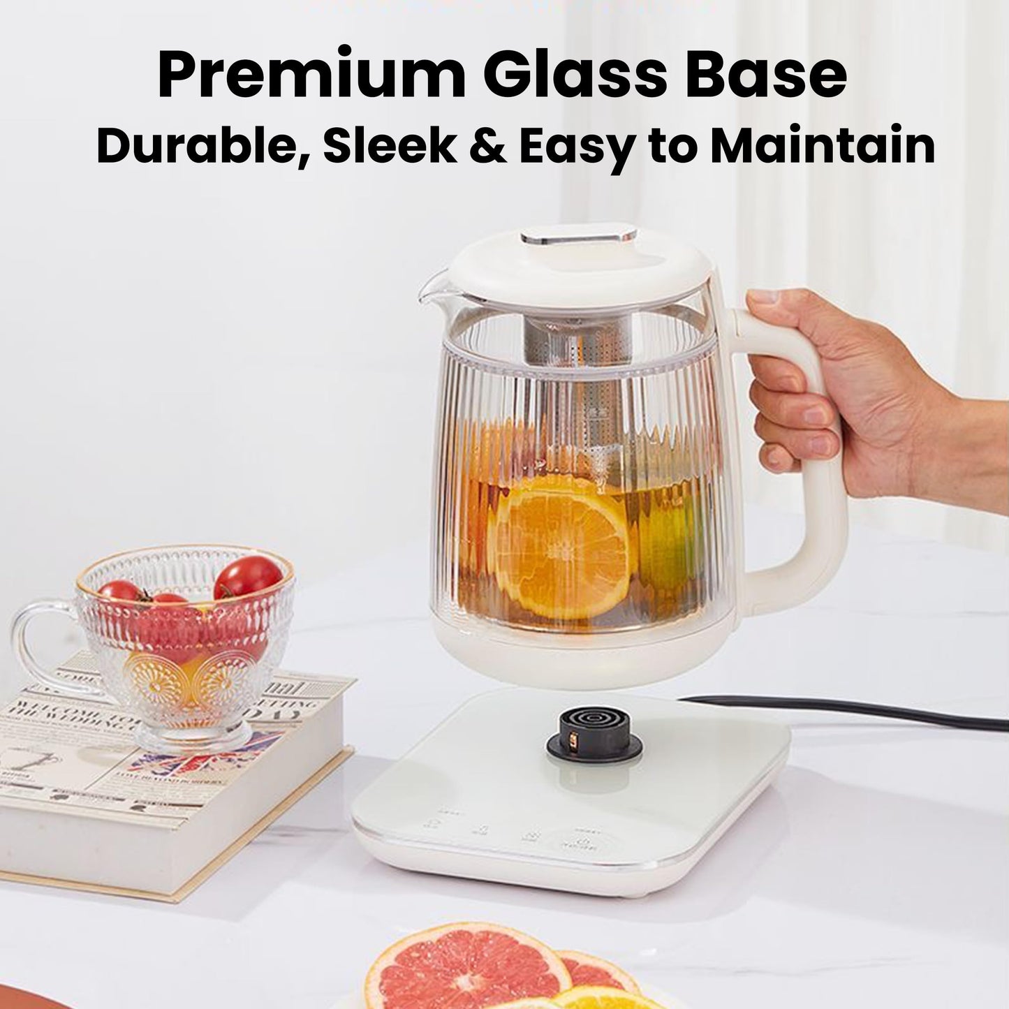 Double-Layer Electric Kettle1.5L with Stew Pot,Glass Health Pot, 9-in-1 Glass Tea Maker, Programmable Touch Panel, Stainless Steel Base for Soup, Porridge, Herbal Tea