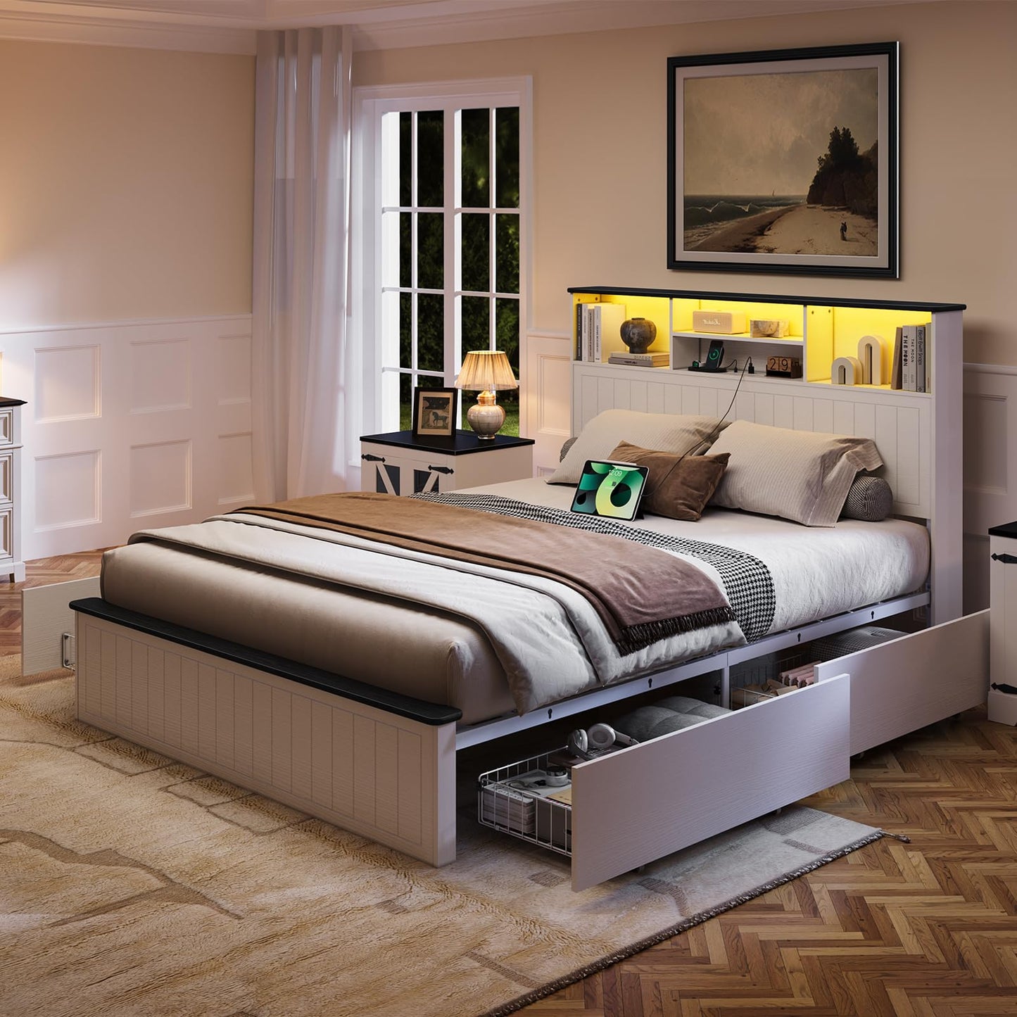 Yoobure Queen Bed Frame with Headboard - Farmhouse Wood Bed Frames Queen Size with 4 Storage Drawers, Platform Beds with Charging Station & LED Light, No Noise Double Bedframe, No Box Spring Needed