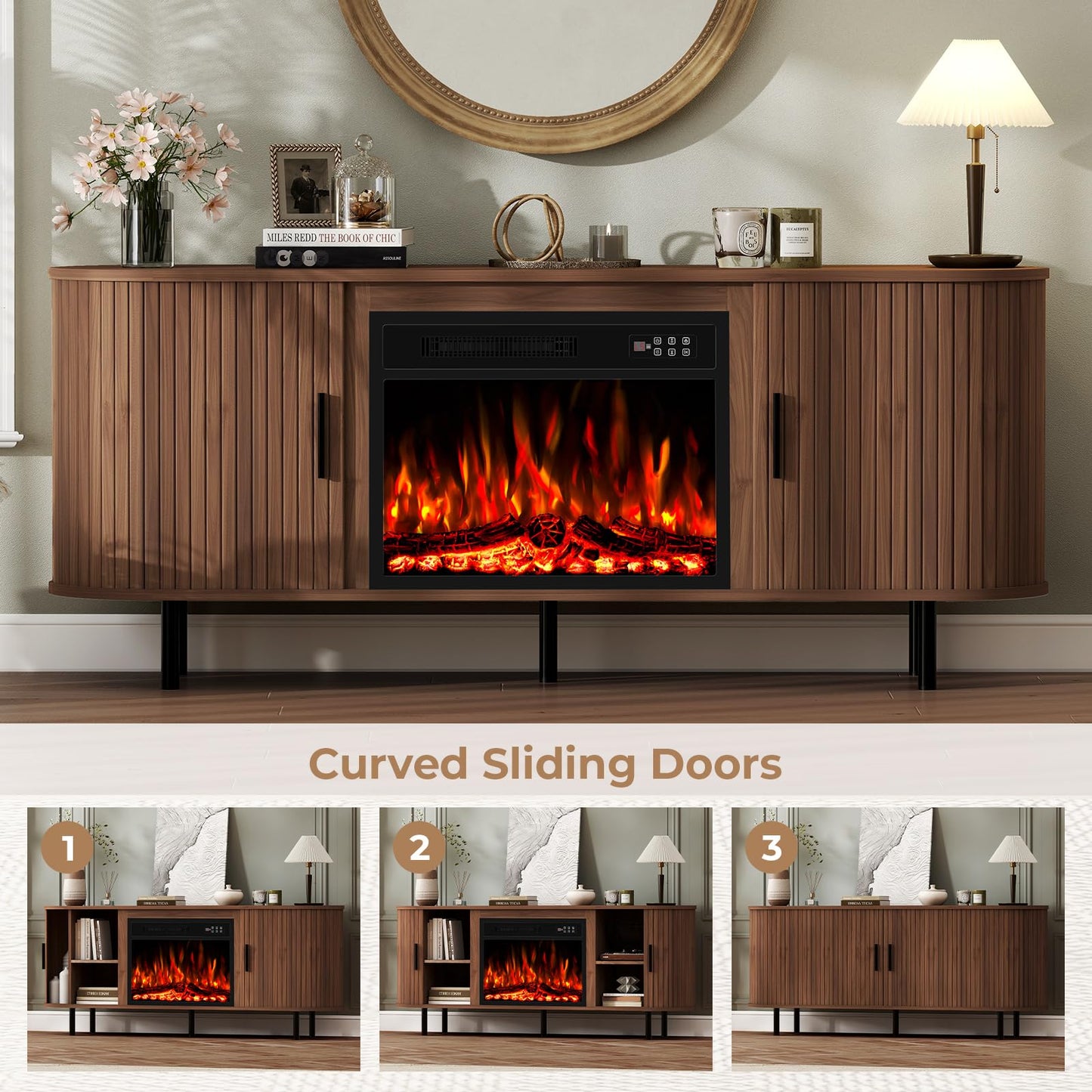 BREEZEHEAT 65'' Mid Century Modern Fluted TV Stand with 23" Fireplace, Curved Fireplace Entertainment Center for TVs Up to 75 Inches, Walnut Media Console Cabinet for Living Room