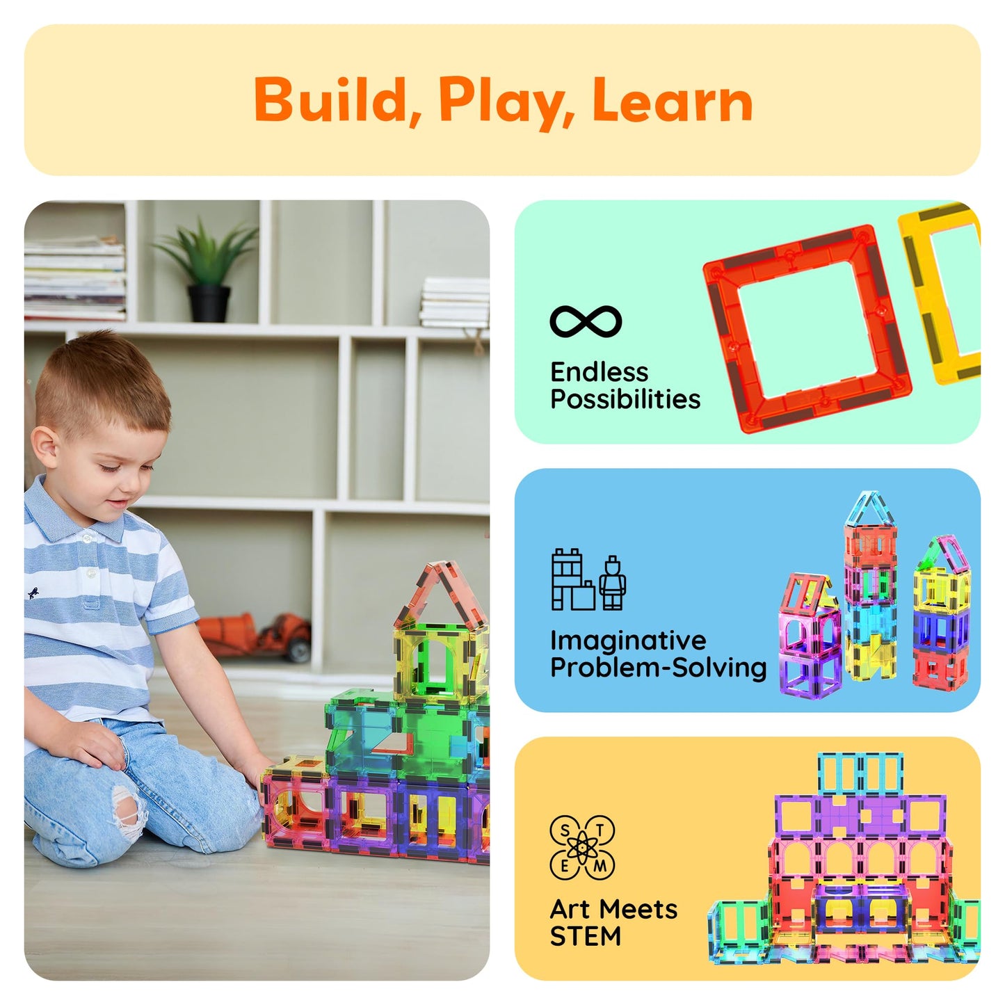 PicassoTiles 42pcs Magnetic Tiles Magnet Blocks See-Through Shape STEM Toys Building Block Educational Playset Compatible with Major Brand Tile -Starter Set for Boys and Girls Toddlers Ages 3+ PT42