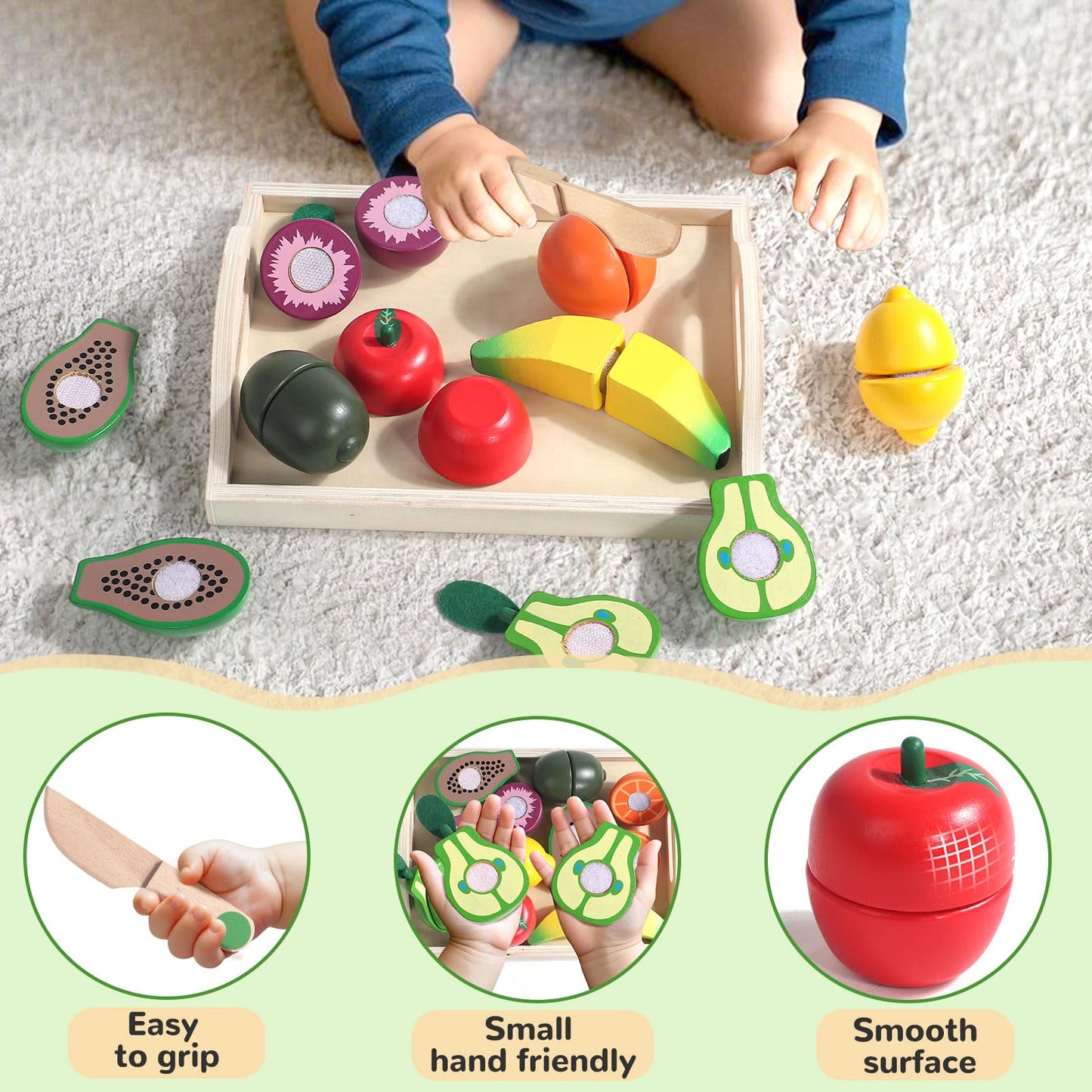 Fajiabao Wooden Play Food for Kids Kitchen Montessori Toys for 2 Year Old Girls & Boys Wood Cutting Fruit Set with Tray Fine Motor Skills Educational Toddler Gifts 2 3 4 5 6