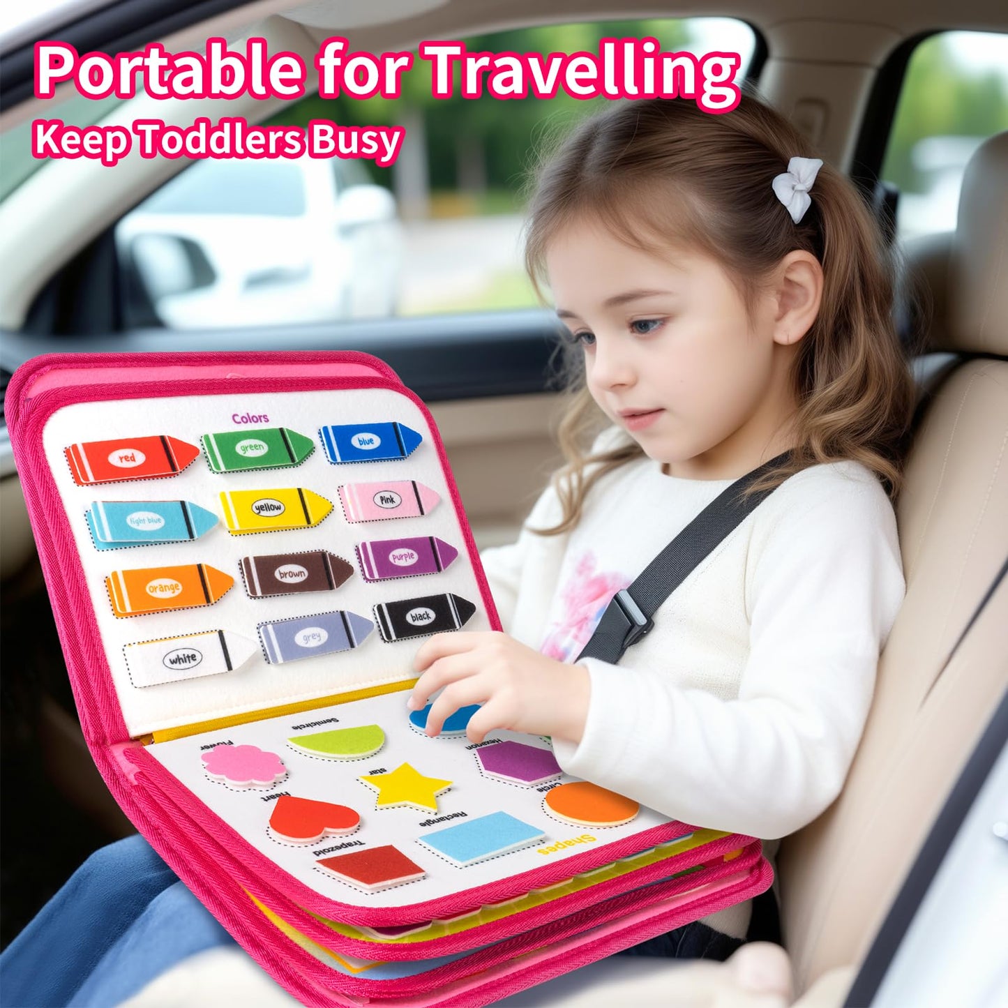 Toddler Busy Board, Montessori Busy Book for Toddlers, 12-Page Quiet Educational Activity Book, Learning Sensory Toys for Motor Skills, Travel Toy for Car Airplane, Girl Kids Birthday Gifts (Pink)