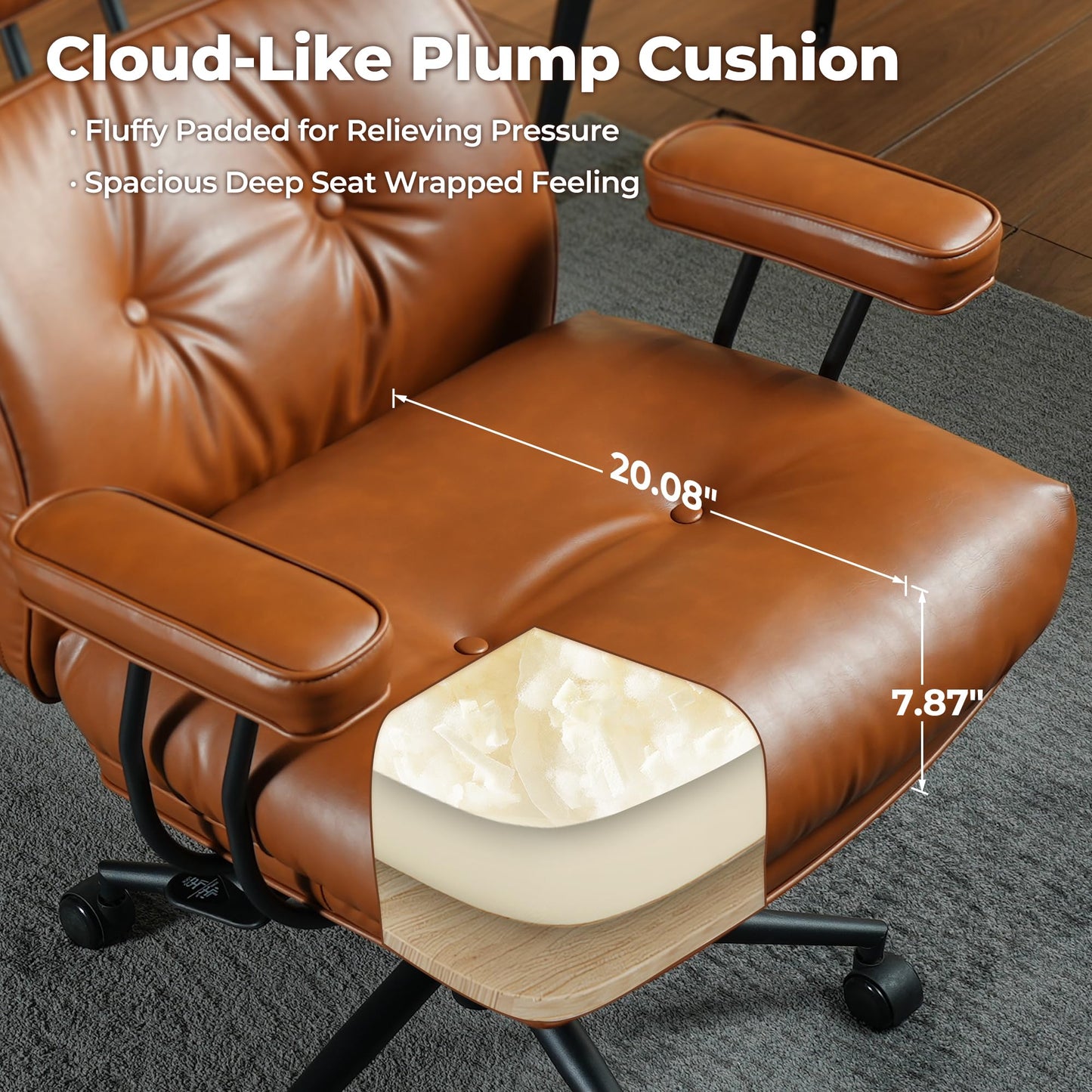 ovios Ergonomic Office Chair, Mid-Century Modern Faux Leather Executive Chairs with Thick Cushion, Comfy High Back Swivel Rolling Computer Armchair (Brown, PU Leather)