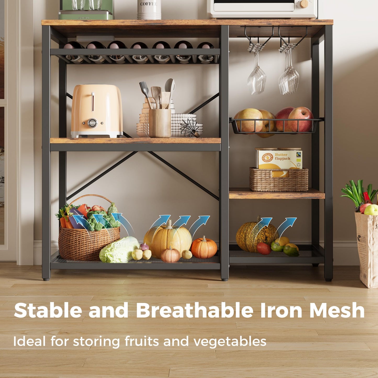 IRONCK Bakers Rack with Power Outlet, 7-Tier Coffee Bar Microwave Stand, Solve Kitchen Clutter with Wine Rack, Wire Basket and Hooks, Rustic Brown