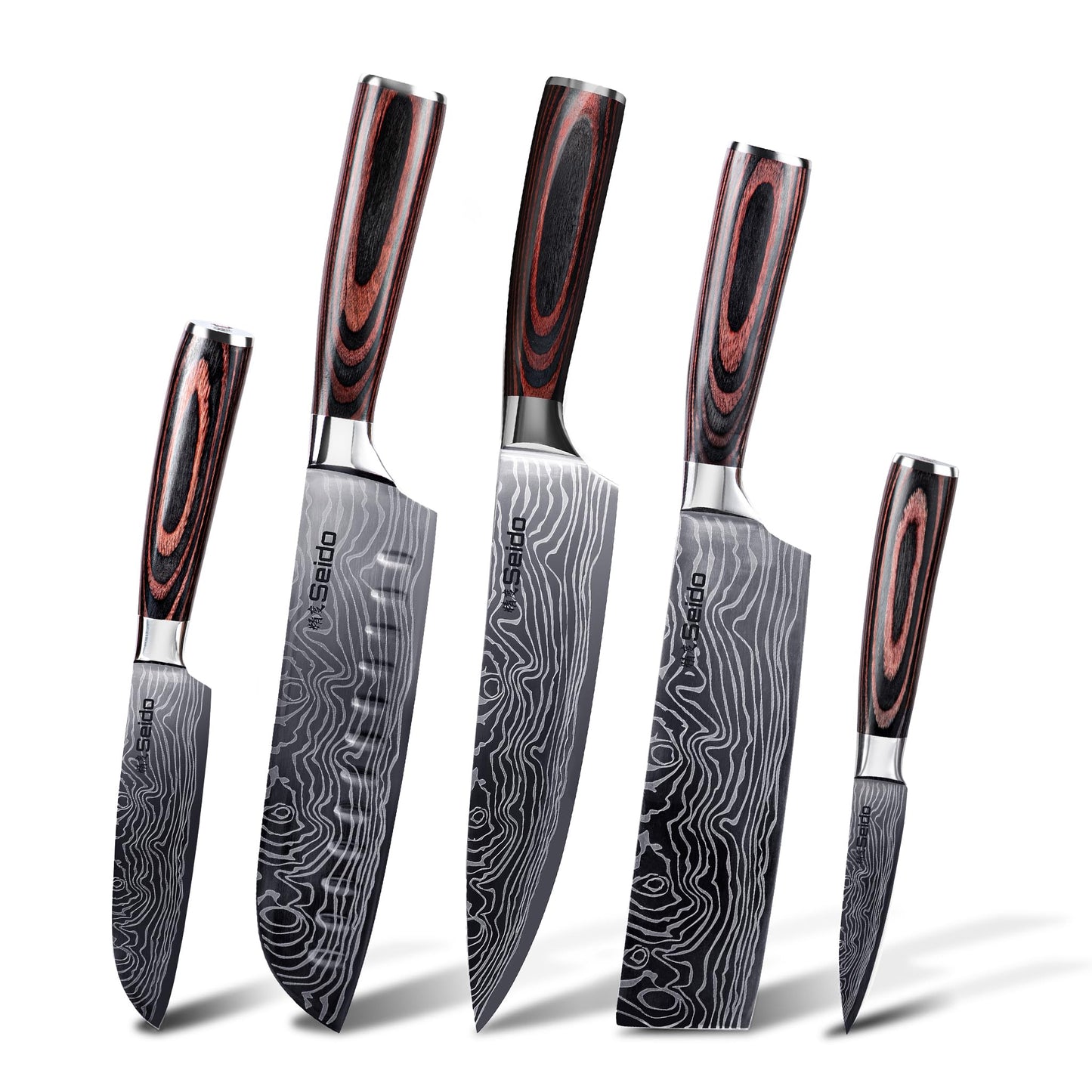 Seido Knives 5-Piece Damascus Master Chef Knife Set - Includes Gyuto, Santoku, Nakiri, Paring Knives - High-Carbon Stainless Steel Kitchen Knives