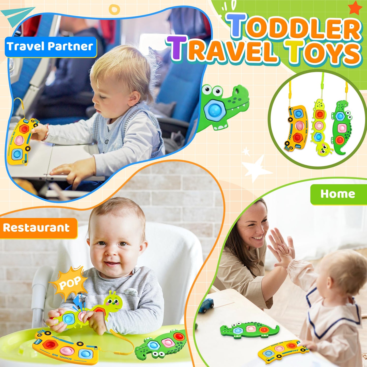 3PC Fidget Popper Sensory Toys Airplane Travel Activities for Toddlers Goodie Bags Pop it Fidget Toys for 12+ Month Babies 1 2 3 Year Old Girls Boys Valentine Gift Easter Basket Stuffer Gift