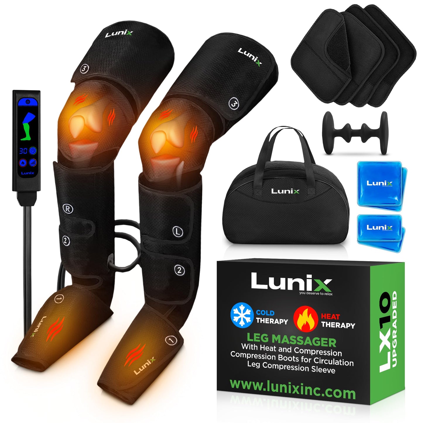 Lunix LX10 Full Leg Massager with Heat & Air Compression, Foot Calf and Thigh Massage Boots for Everyday Recovery, Adjustable Fit, Cold Therapy Option, Handheld Controller, Charcoal Black