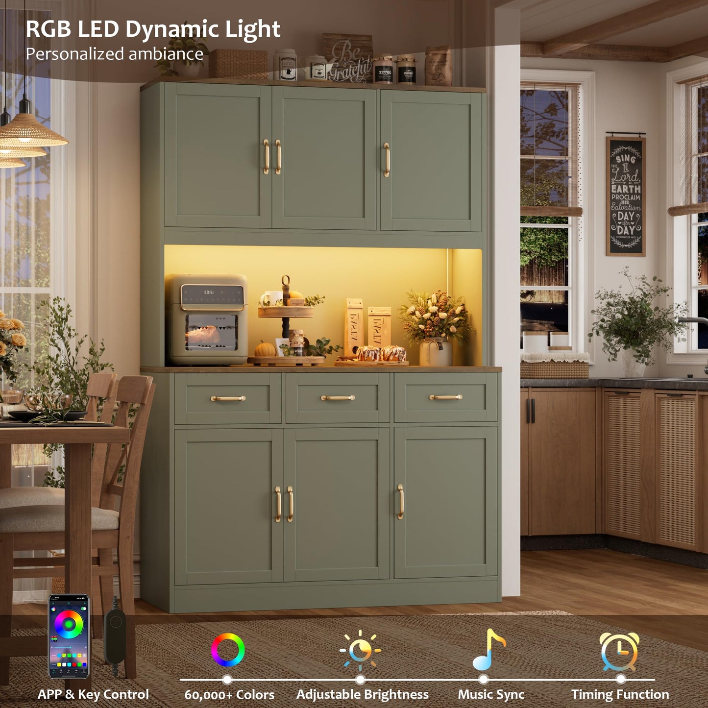 HOSTACK 72" Tall Kitchen Pantry Cabinet with Charing Station | LED Lights, 47" W Kitchen Pantry Storage Cabinet with Countertop, Modern Kitchens Hutch Cabinets with Storage for Dining Room, Green