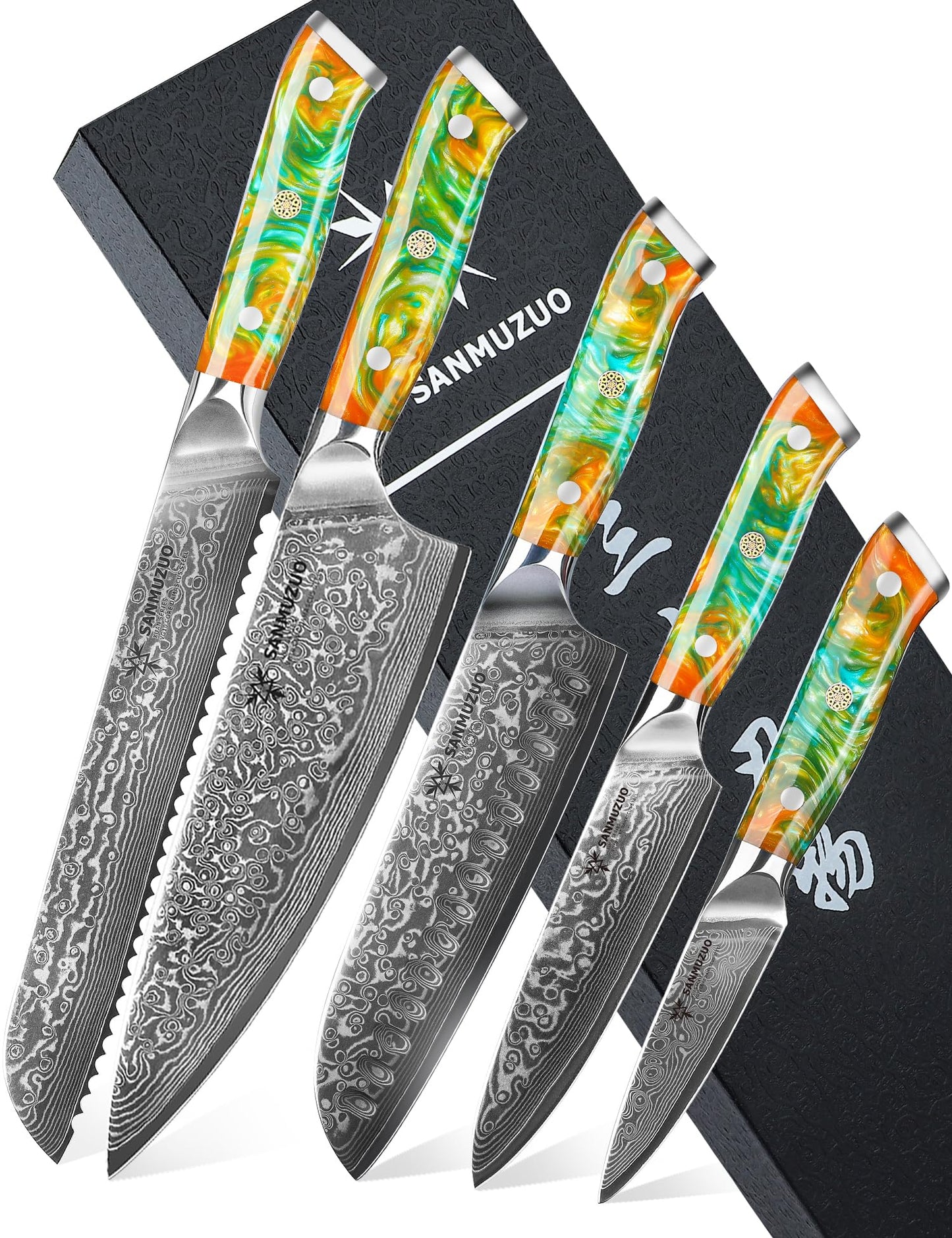 SANMUZUO Chef Cooking Knives Set- Kitchen Knife Set of 5 Piece - Ultra-Sharp VG10 Damascus Steel & Resin Handle - Xuan Series (Fantasy Orange)