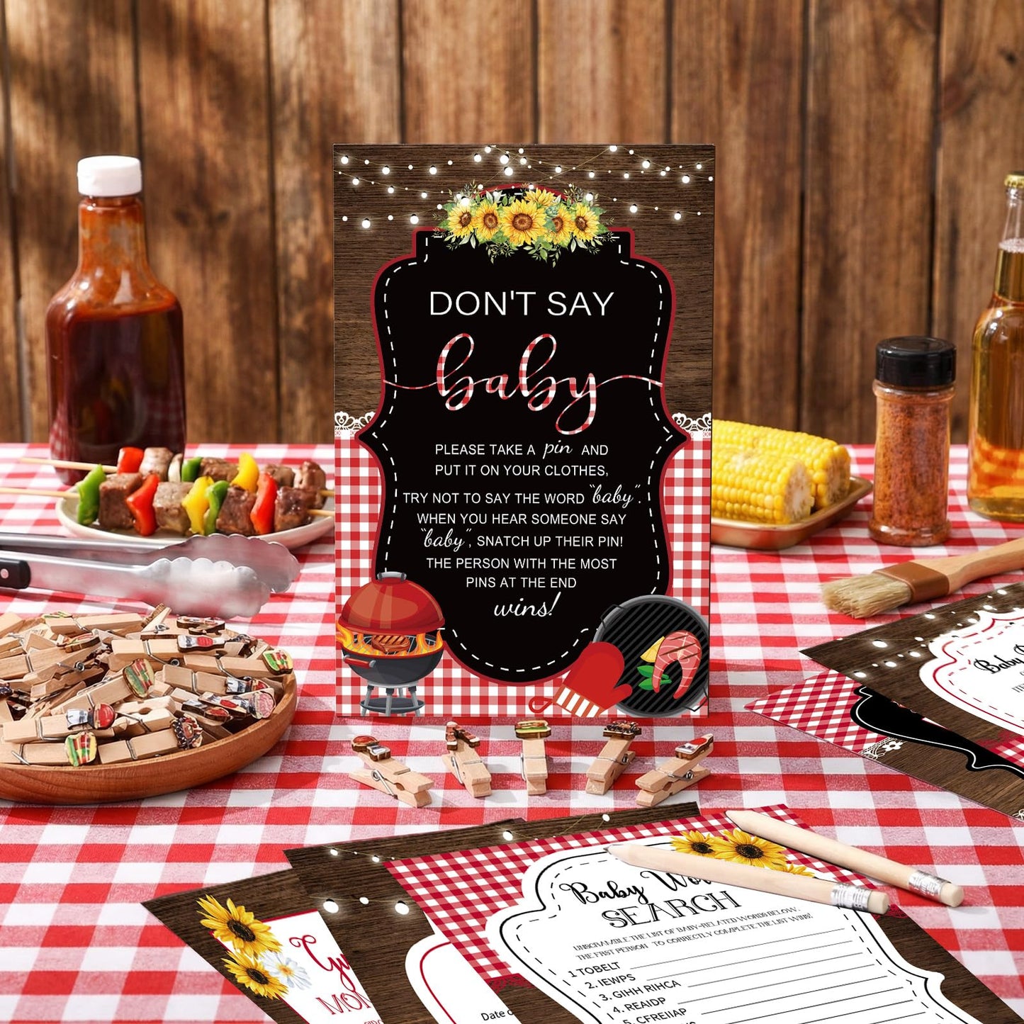 Patelai 321 Pcs BBQ Themed Baby Shower Supplies for Girl or Boy 5 Set Include 50 Activity Cards 20 Pencils 1 Don't Say Baby Sign 50 Clothespins for Price Is Right Prediction Bingo Game Party Decor